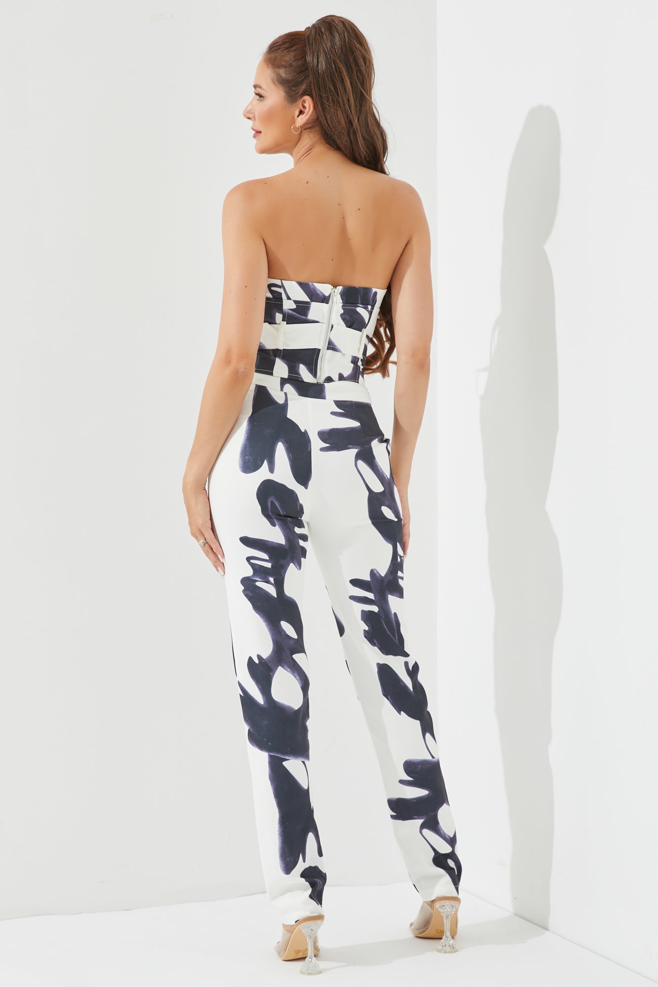 Woven Print Bustier Top & Wide Leg Pants Set