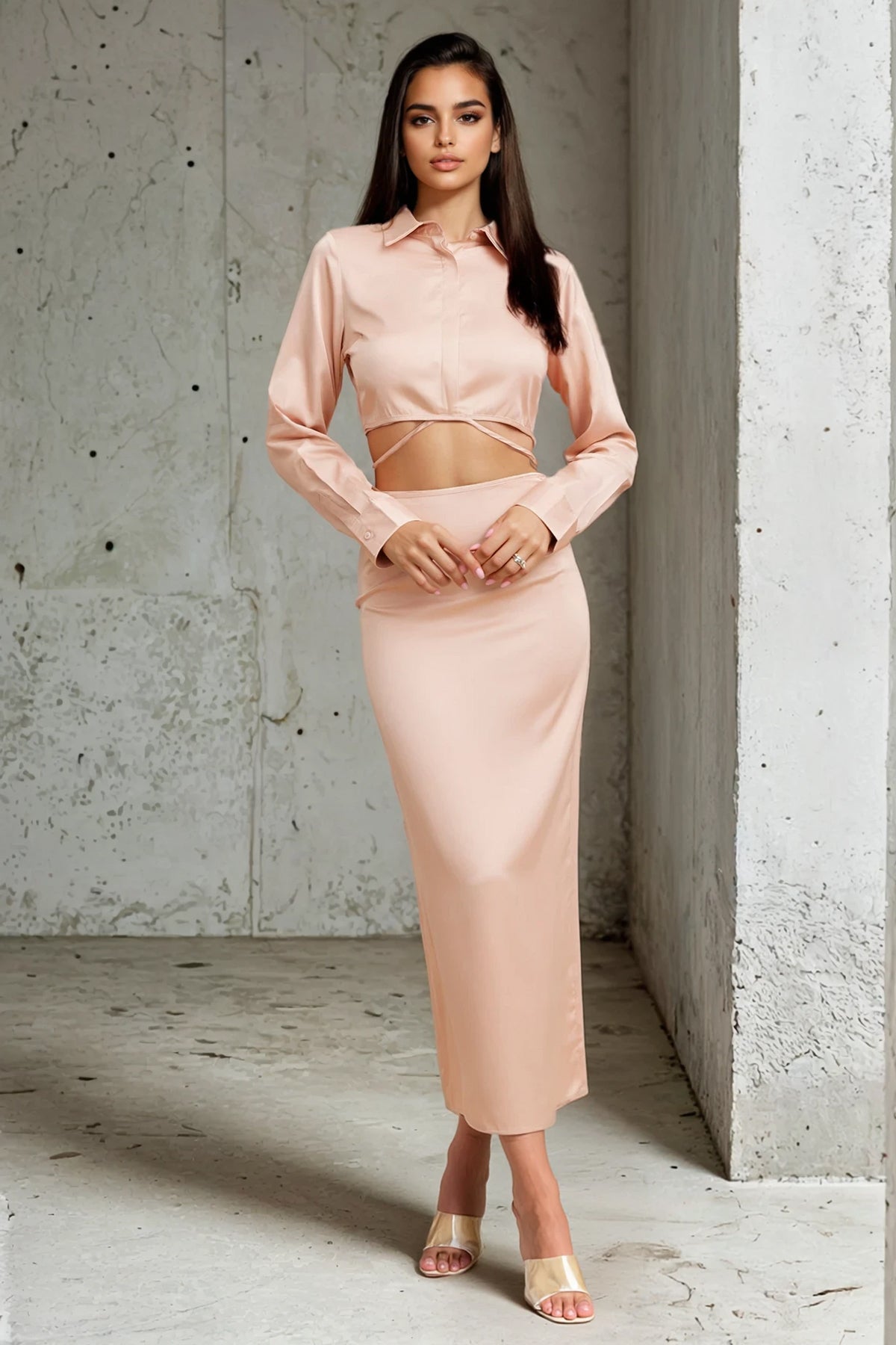 Button Down Crop Top and Midi Skirt Set