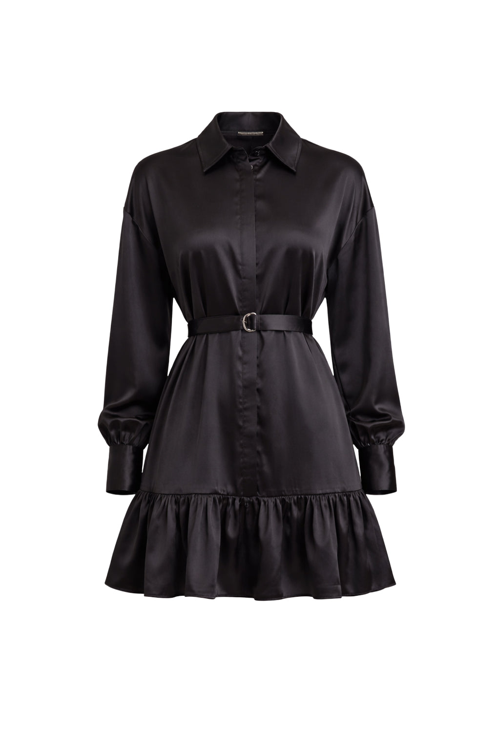 Satin Shirt Mini Dress With Pleated Hem and Belt