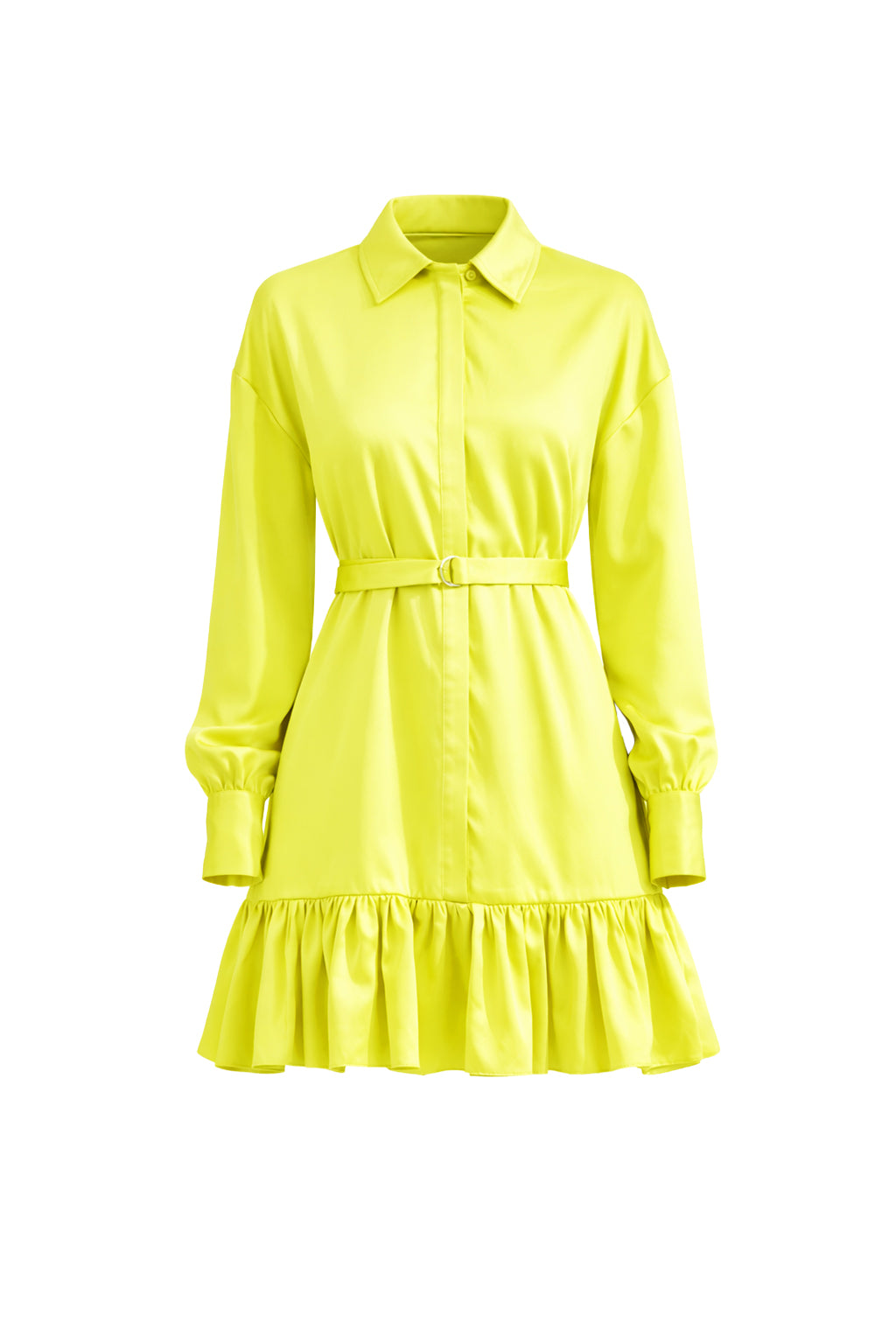 Satin Shirt Mini Dress With Pleated Hem and Belt Lemon / Small
