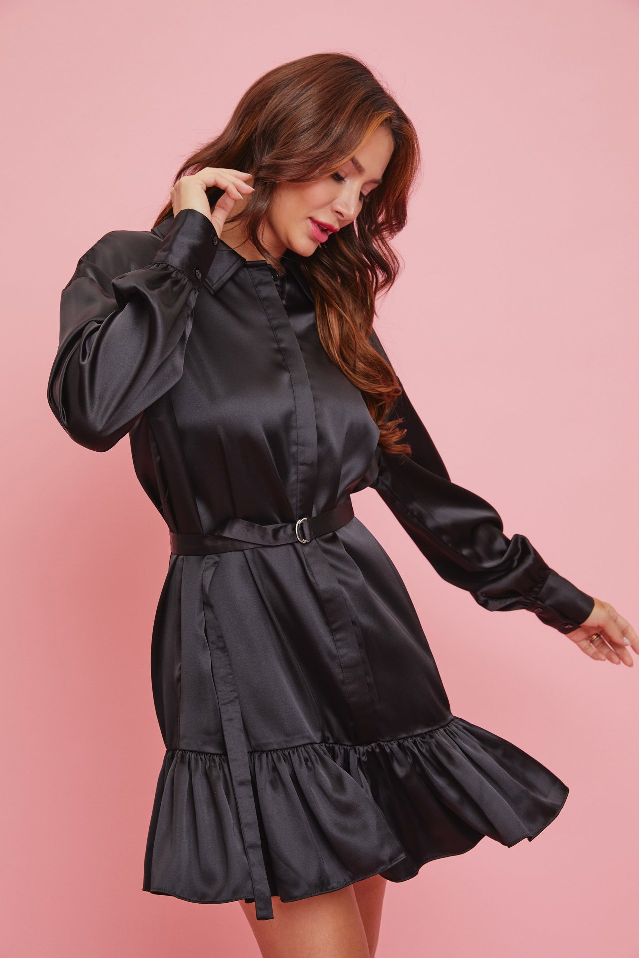 Satin Shirt Mini Dress With Pleated Hem and Belt