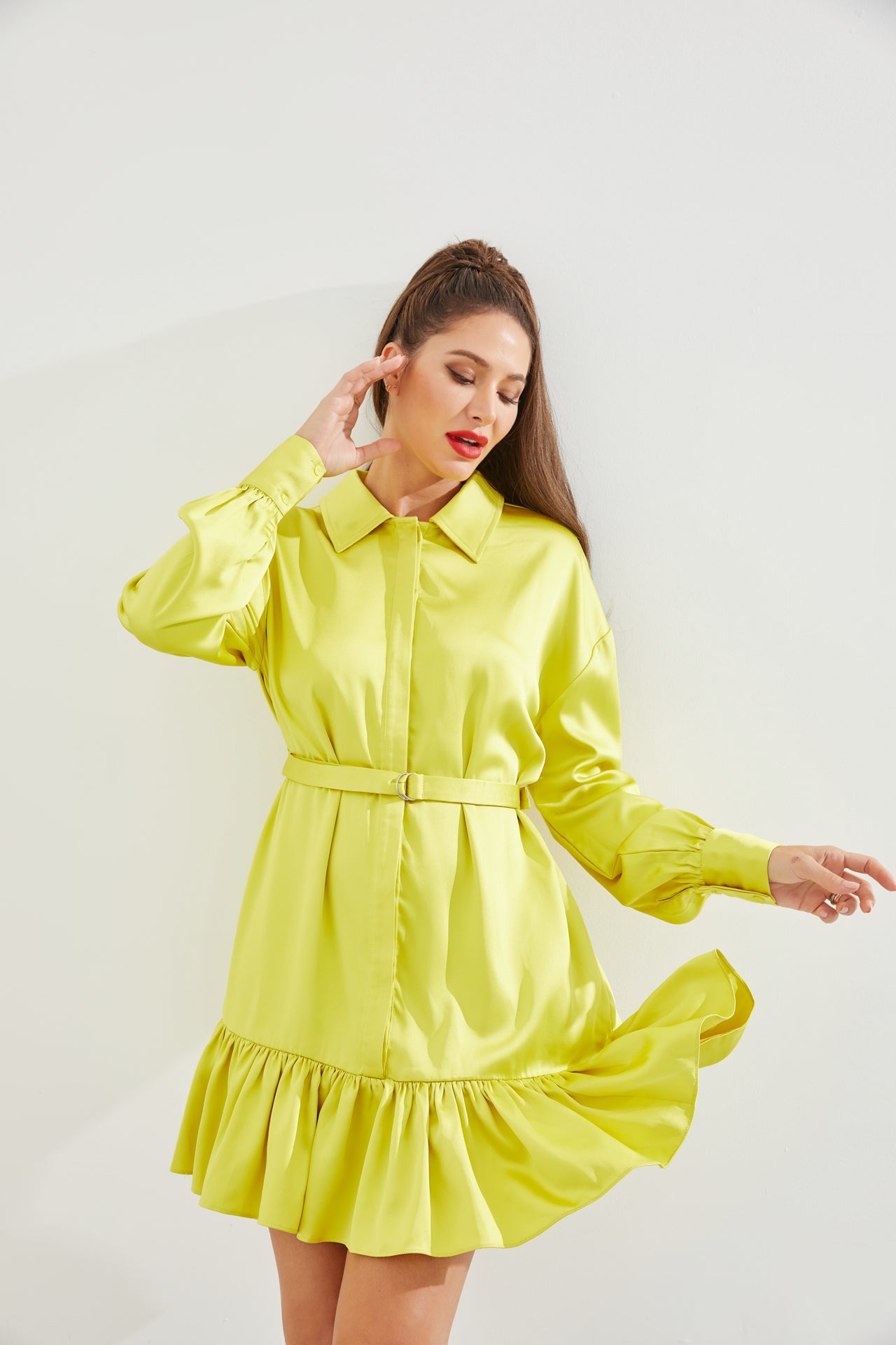 Satin Shirt Mini Dress With Pleated Hem and Belt