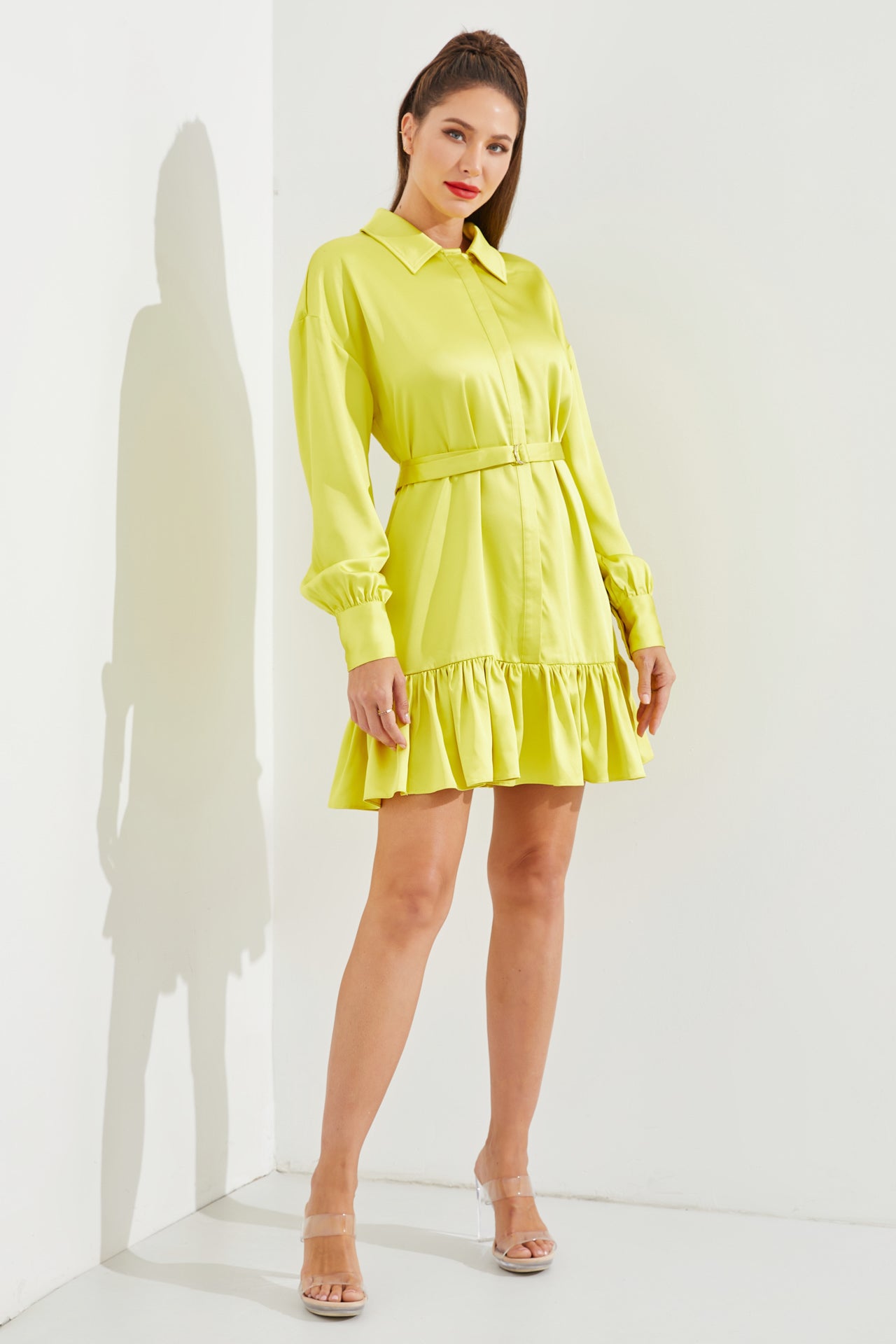 Satin Shirt Mini Dress With Pleated Hem and Belt