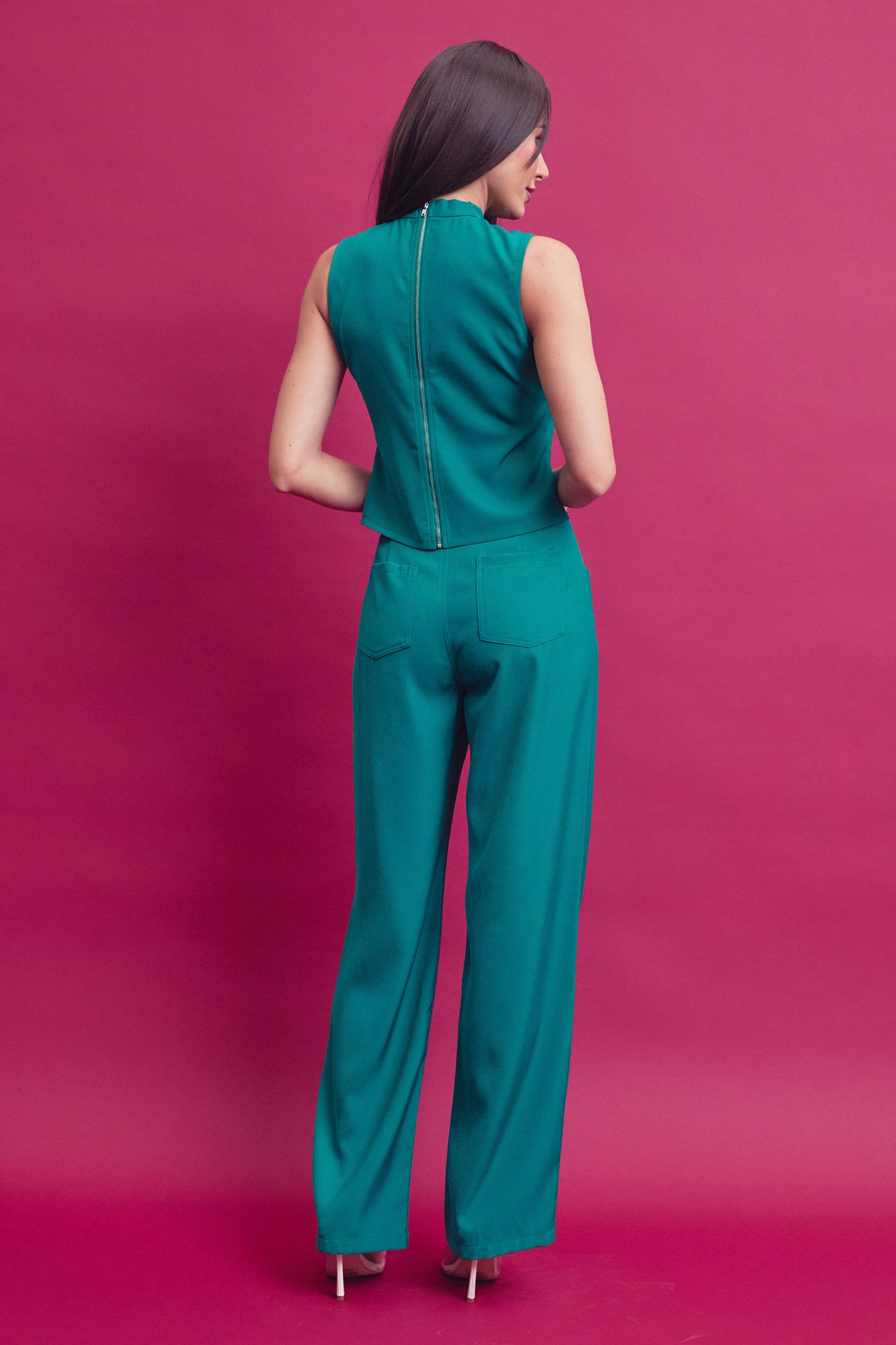 Woven Sleeveless Mock Neck Top and Pants Set