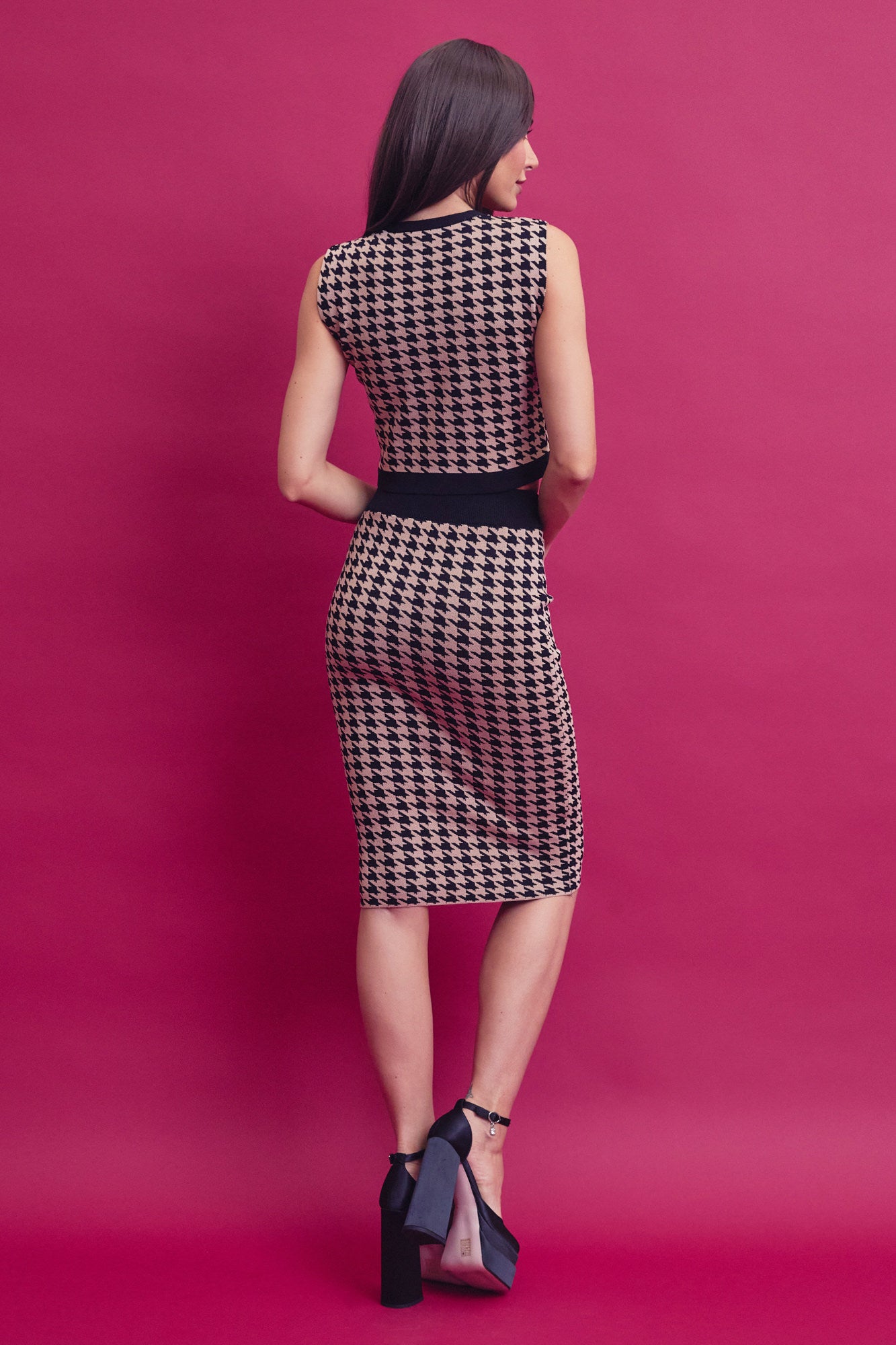 Houndstooth Knit Sleeveless Top and Midi Skirt Set