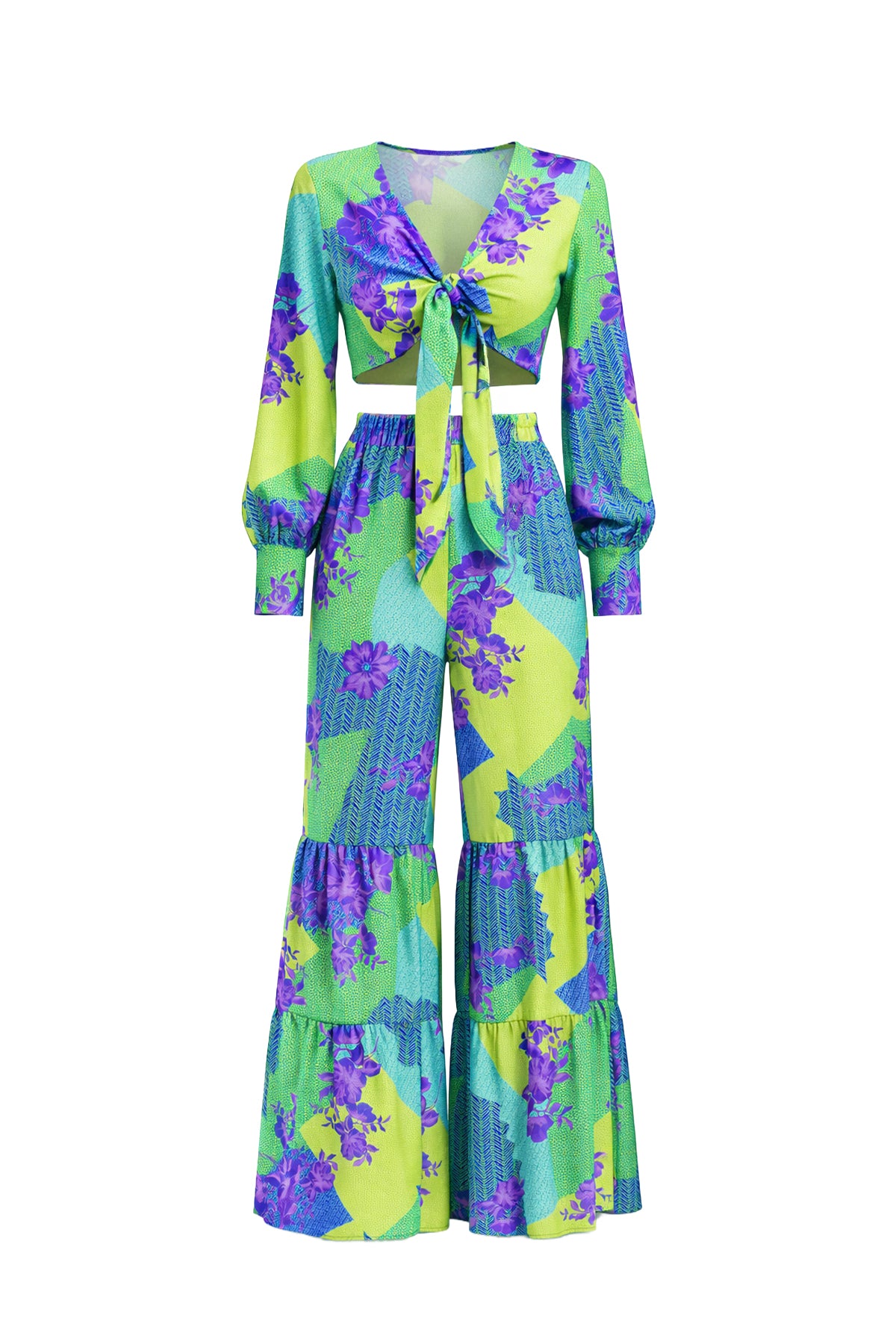 Dream Big Woven Print Front Tie Crop Top and Tiered Pants Set