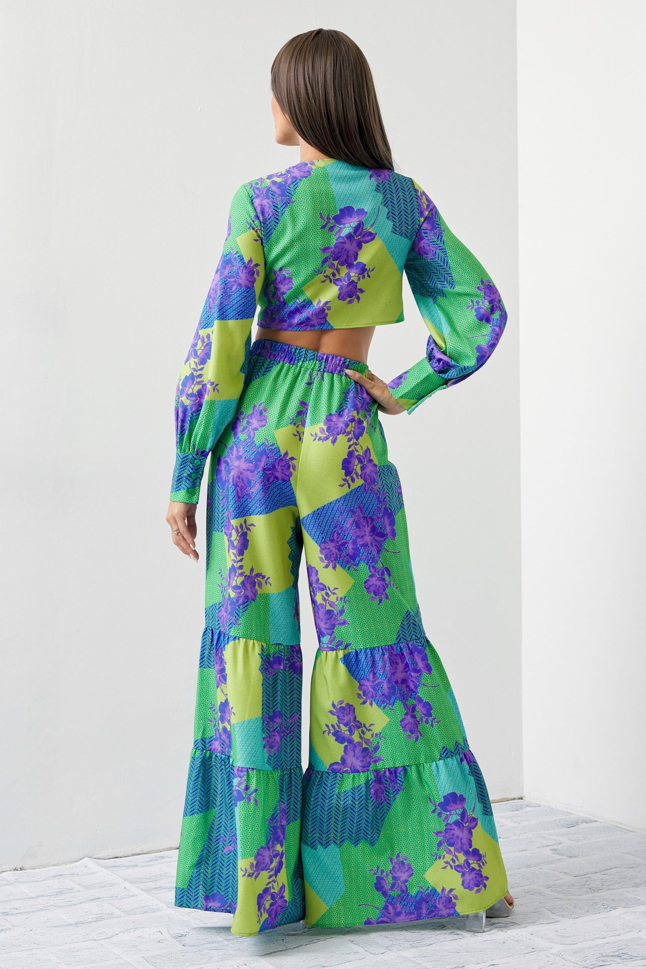 Dream Big Woven Print Front Tie Crop Top and Tiered Pants Set