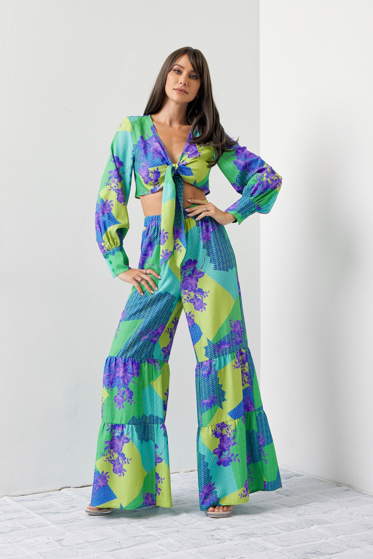 Dream Big Woven Print Front Tie Crop Top and Tiered Pants Set