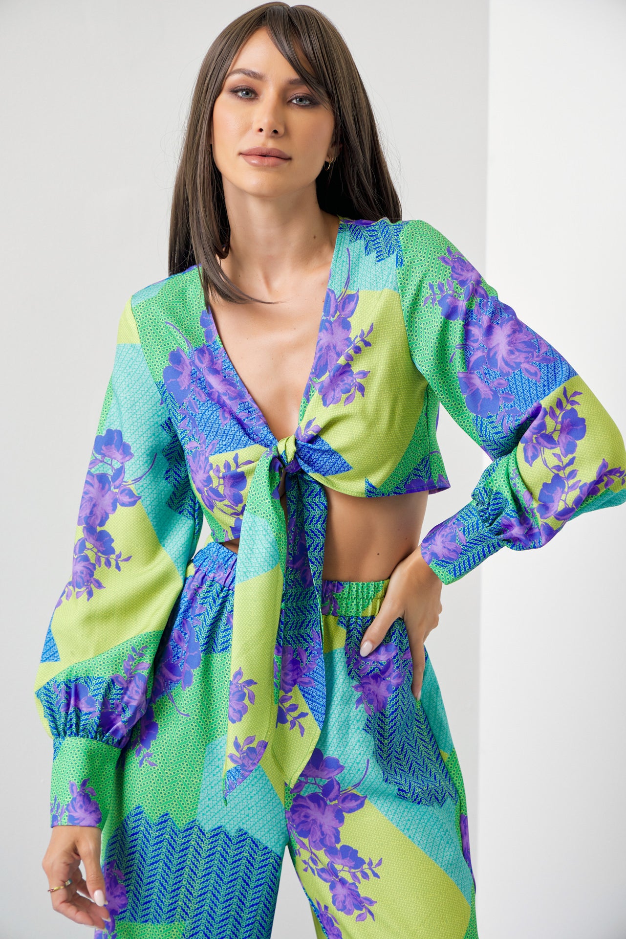 Dream Big Woven Print Front Tie Crop Top and Tiered Pants Set