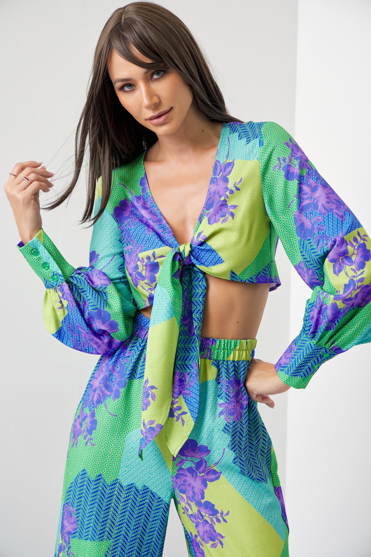 Dream Big Woven Print Front Tie Crop Top and Tiered Pants Set