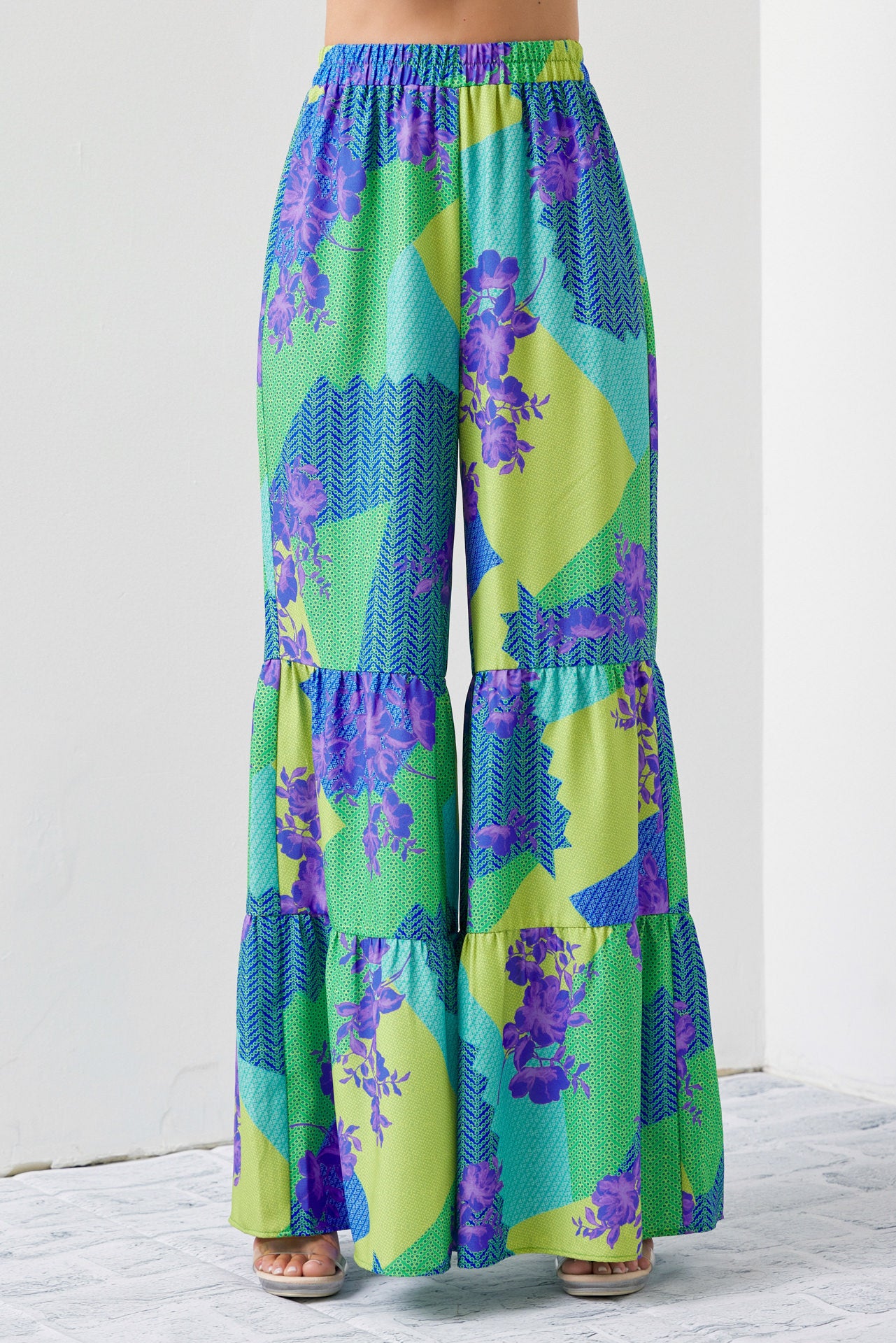 Dream Big Woven Print Front Tie Crop Top and Tiered Pants Set