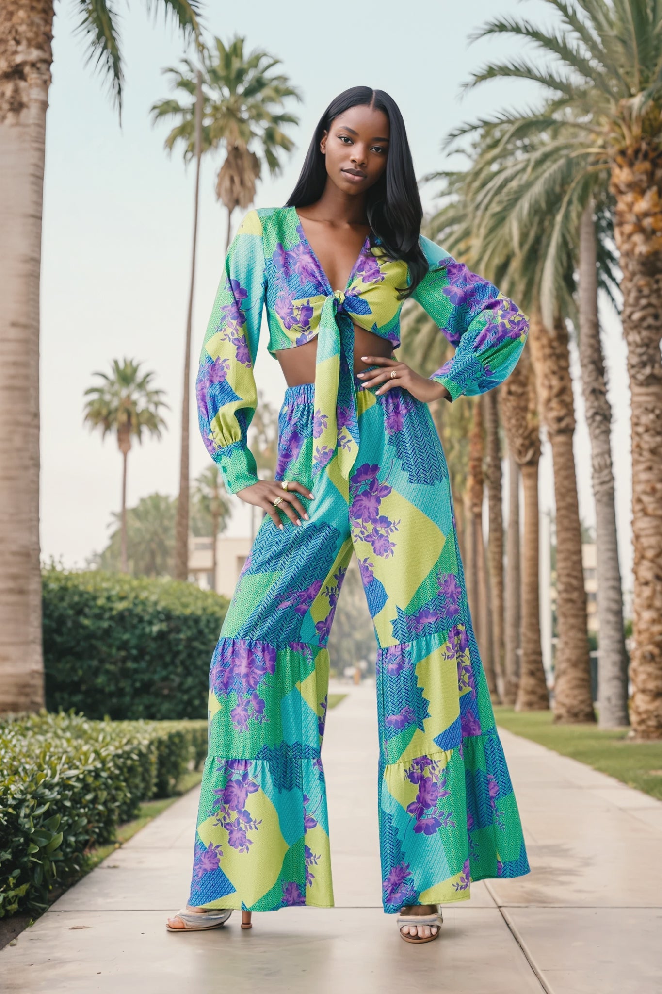 Dream Big Woven Print Front Tie Crop Top and Tiered Pants Set
