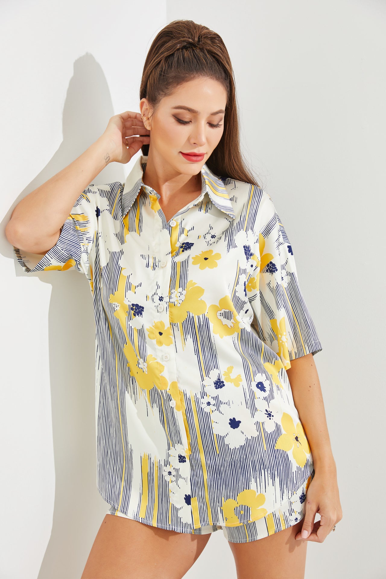 Woven Print Short Sleeve Shirt and Shorts Set