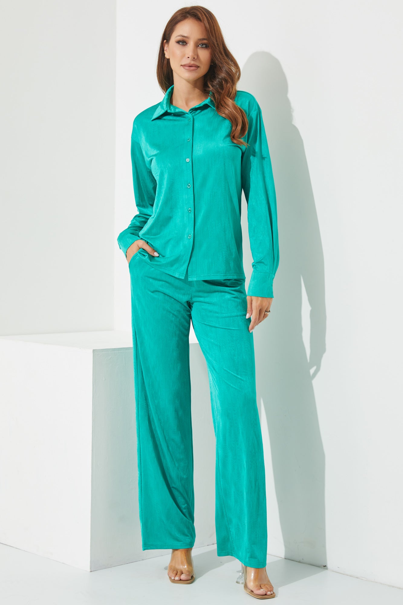 Knit Button Down Shirt and Pants Set