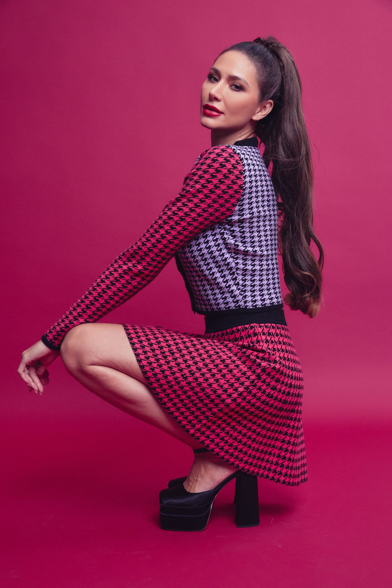 Knit Houndstooth Colorblock Cardigan and A-Line Mini Skirt Set
