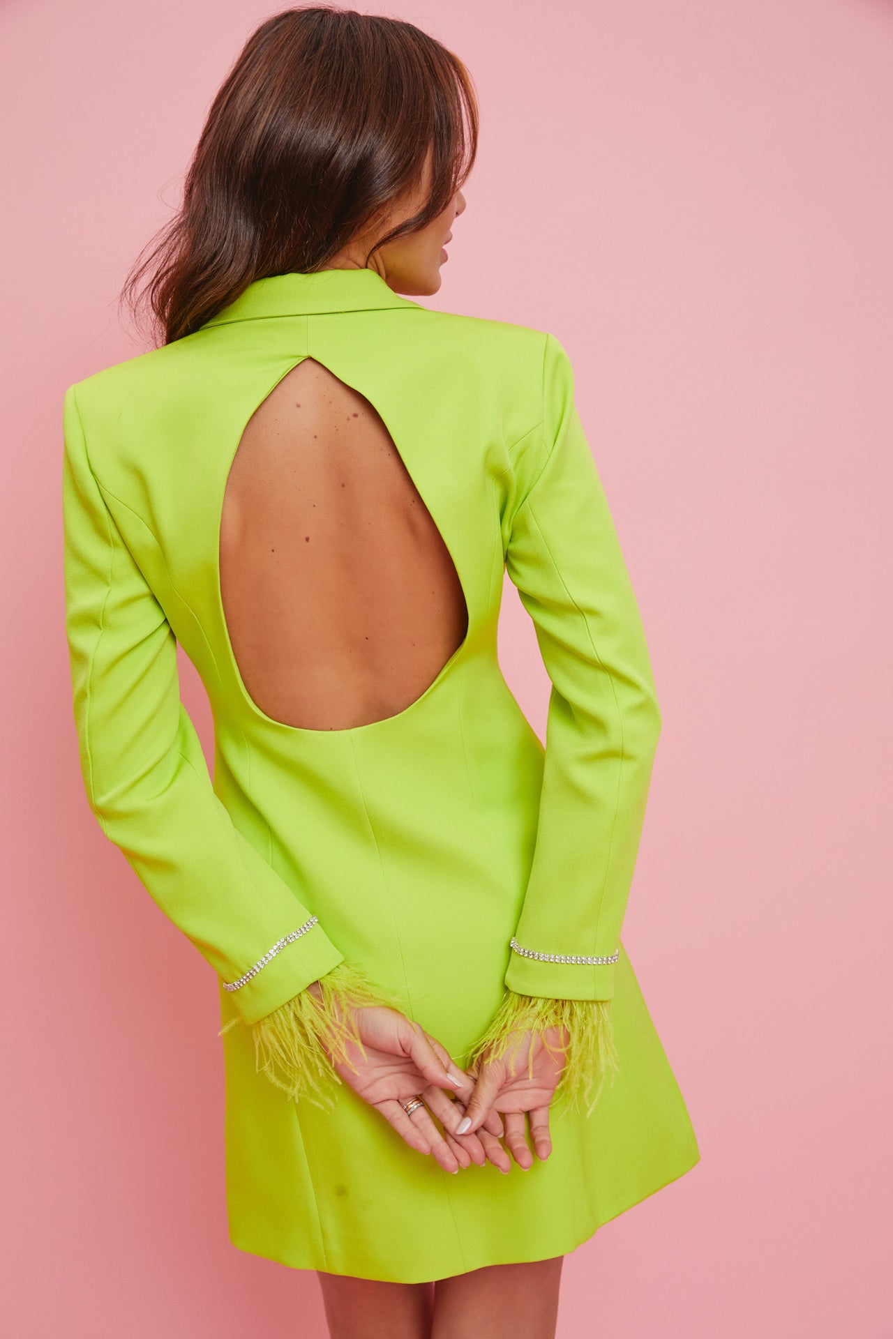 Woven Blazer Dress With Feather Cuff