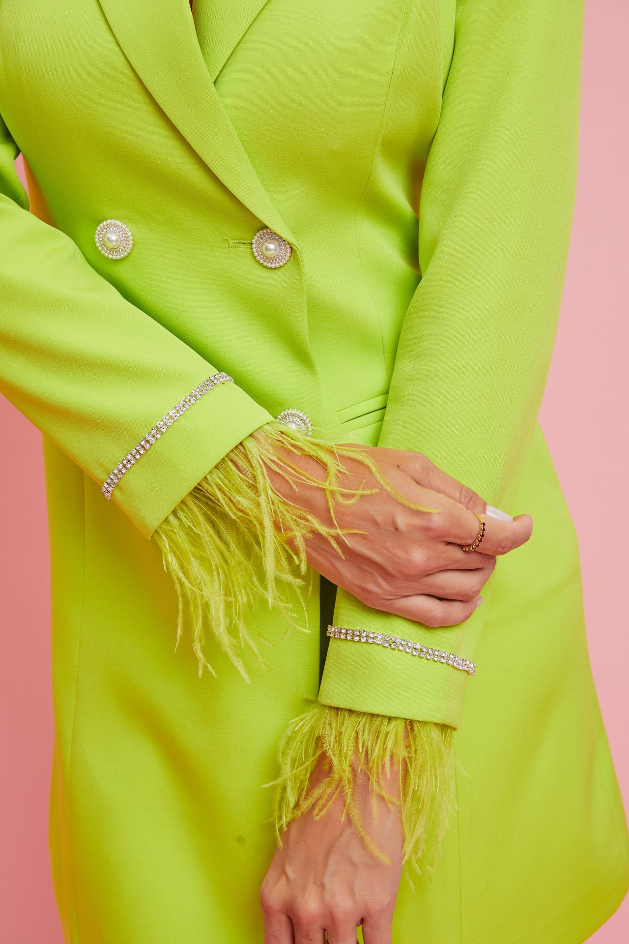 Woven Blazer Dress With Feather Cuff