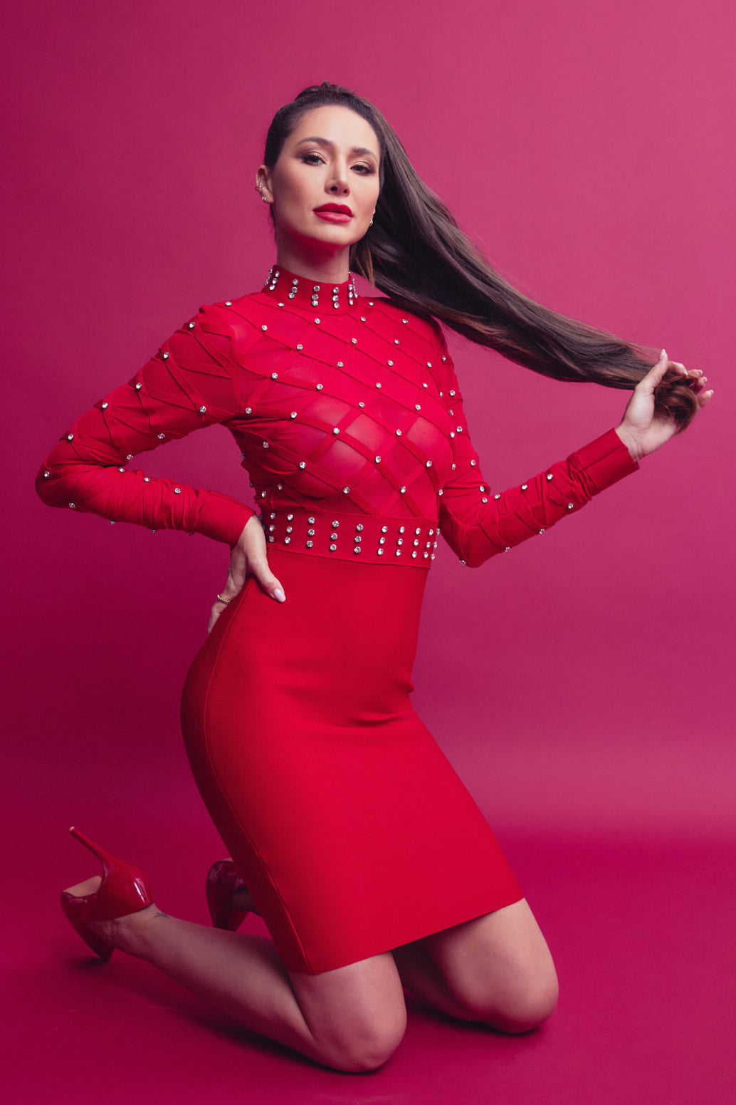 Bandage Crystal Studded Mesh Mini Dress