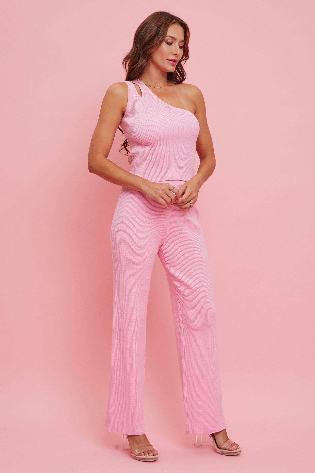 Rib Knit One Shoulder Top and Pants Set