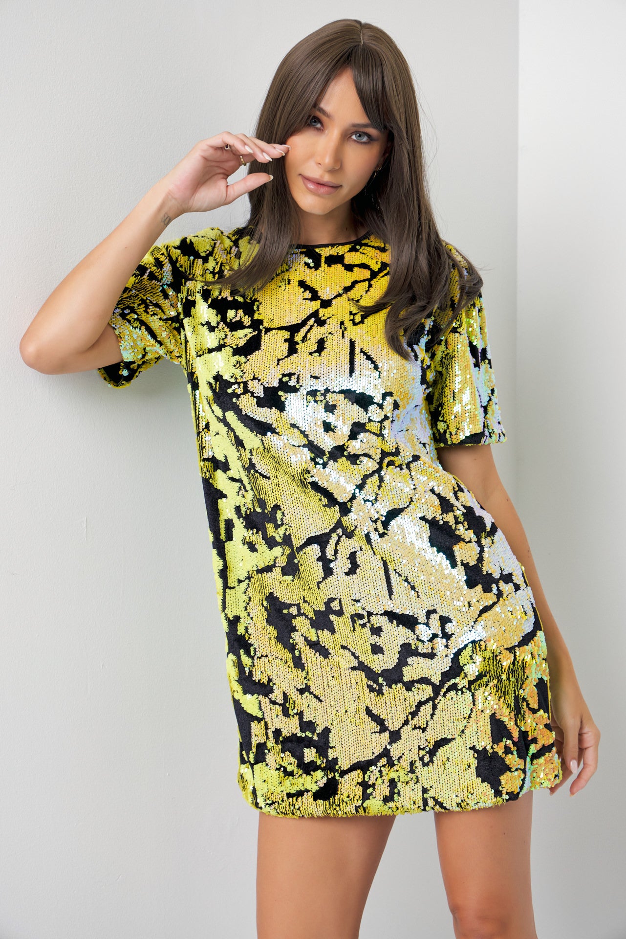 Night Out Textured Velvet Sequin Short Slv Mini Dress