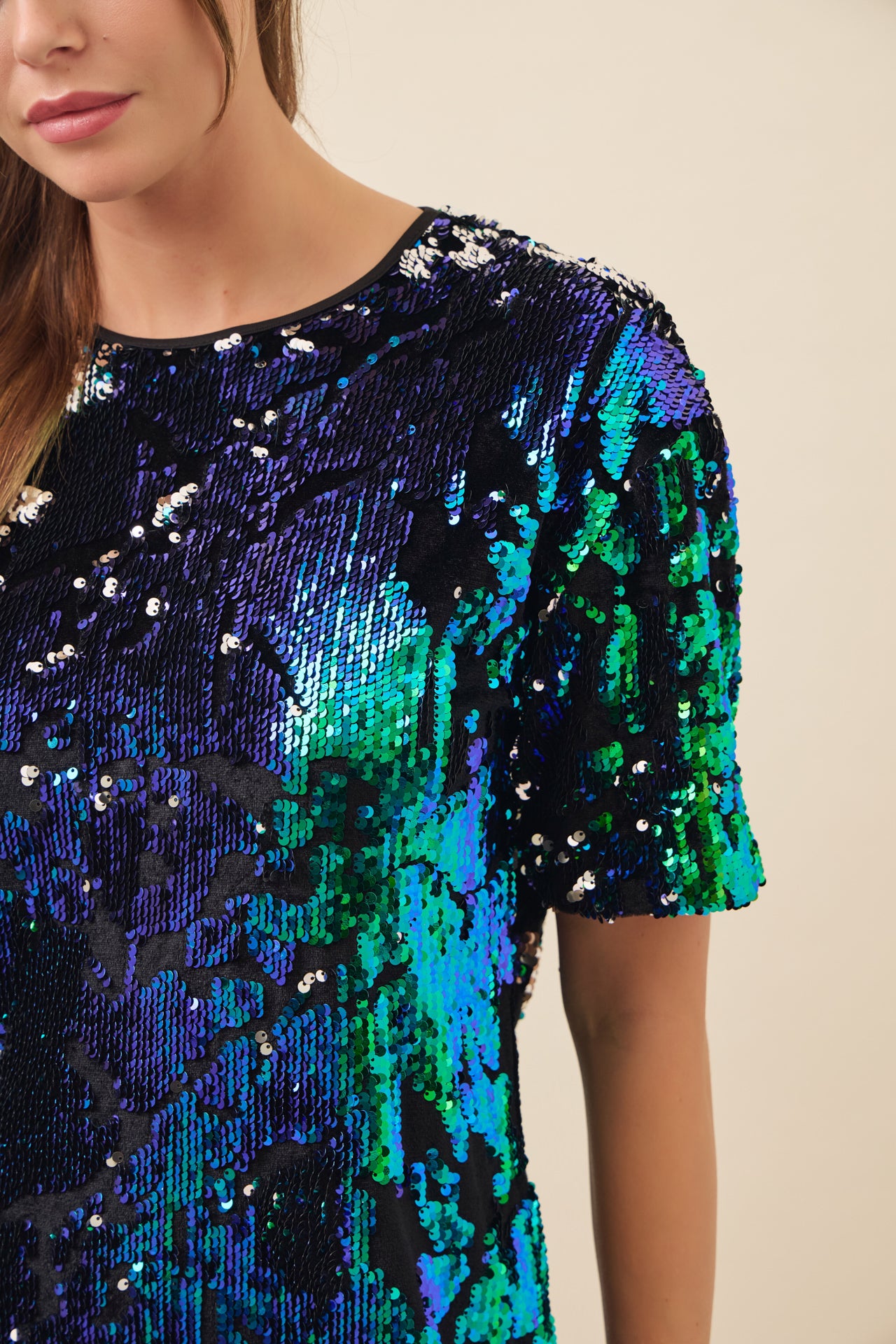 Night Out Textured Velvet Sequin Short Slv Mini Dress