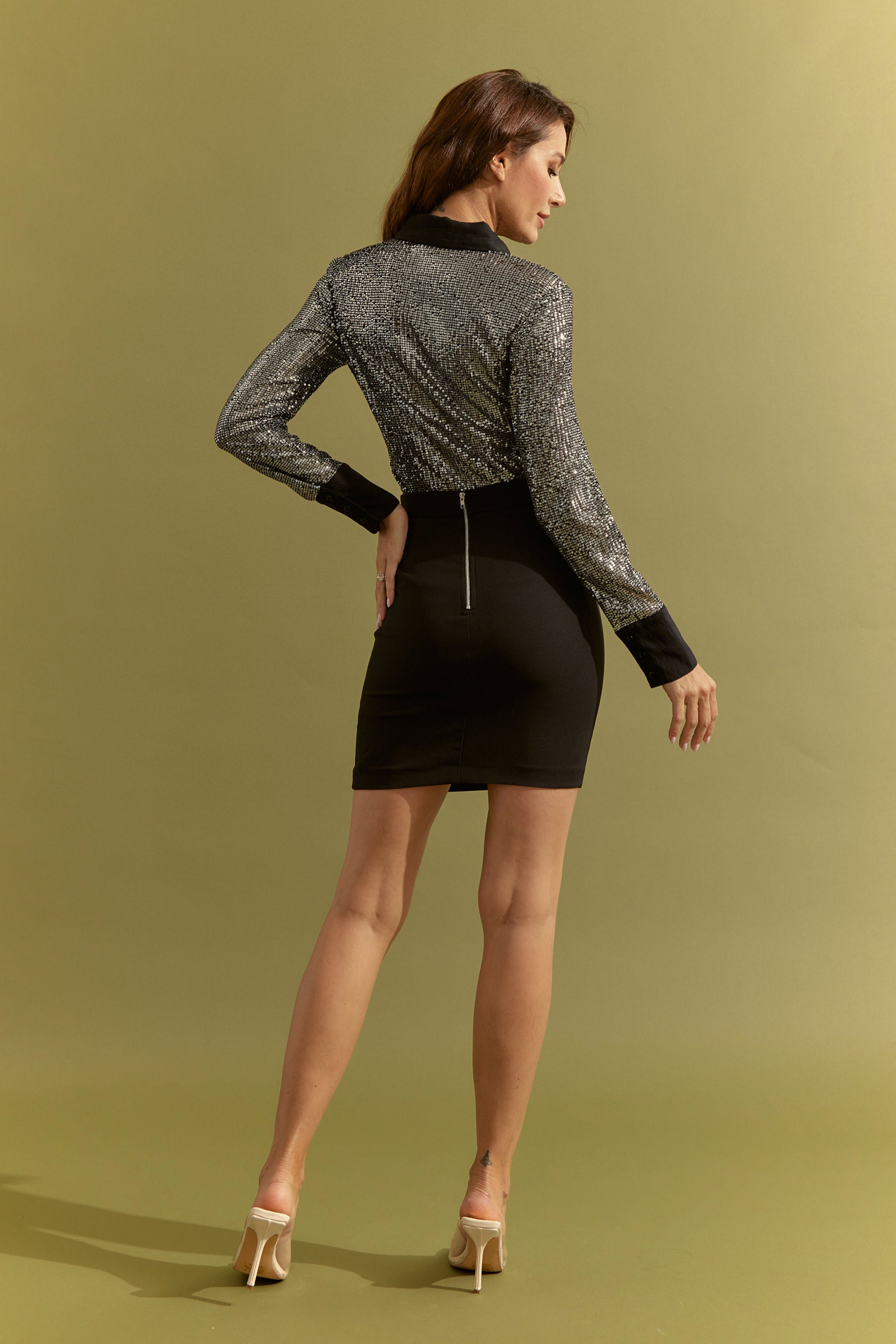 Knit Sheer Long Sleeve Top & Mini Skirt Set