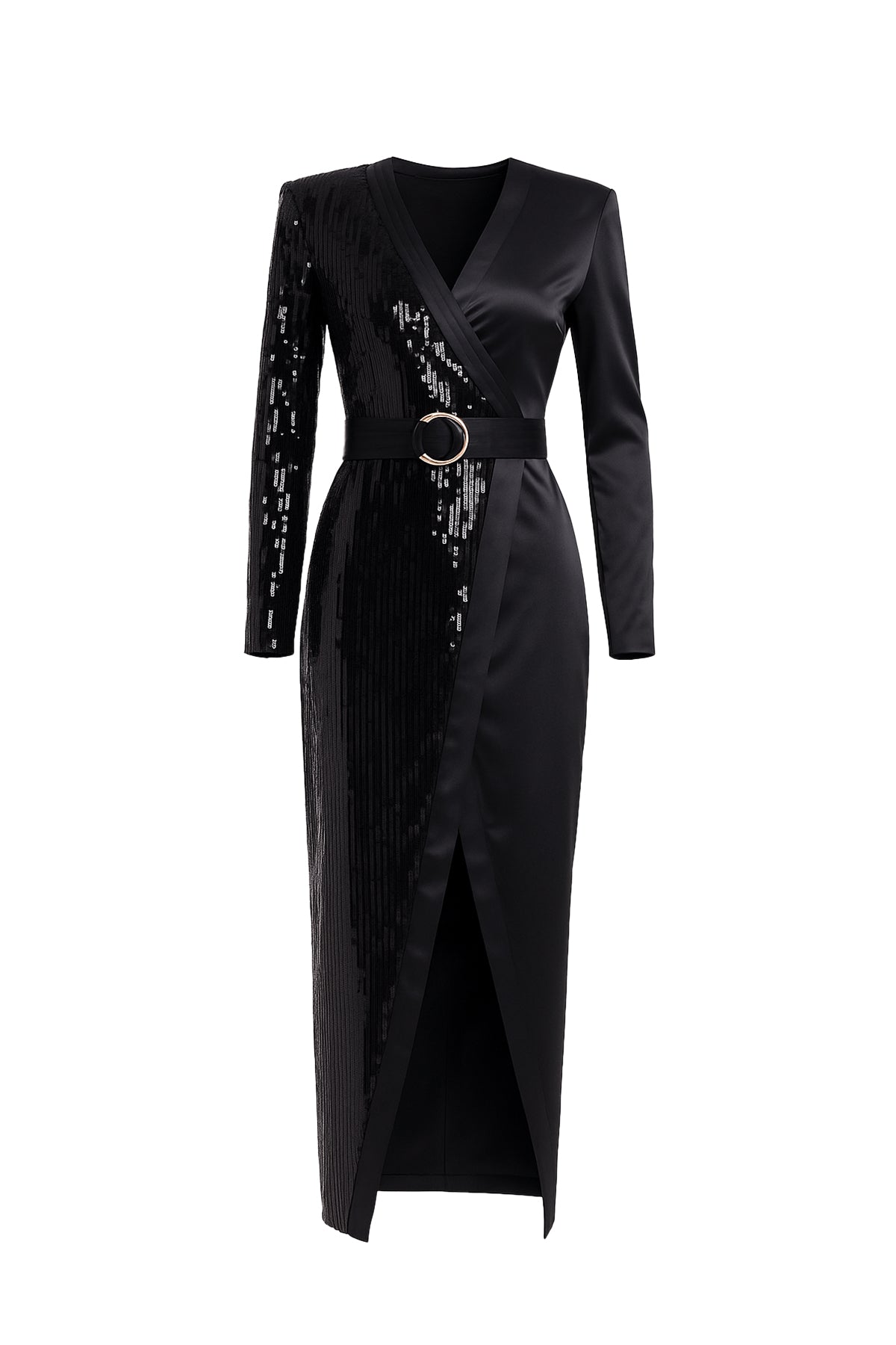 Sequin Contrast Maxi Wrap Dress With Belt