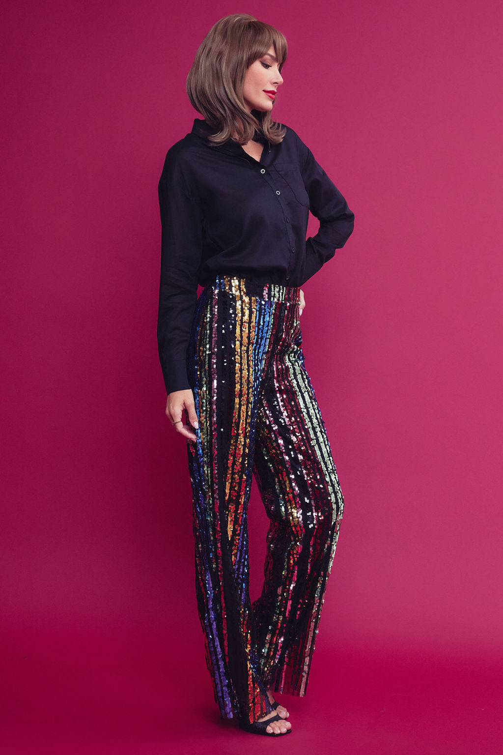 Woven Solid Shirt and Sequin Pants Set