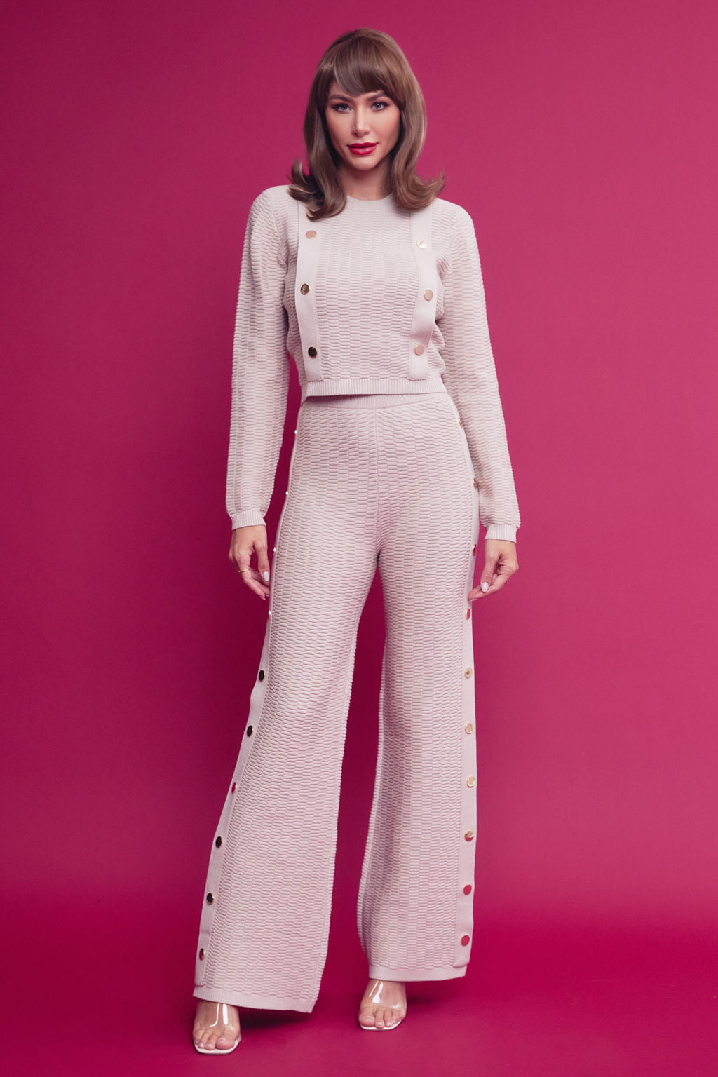 Knit Long Sleeve Top & Pants Set With Trim