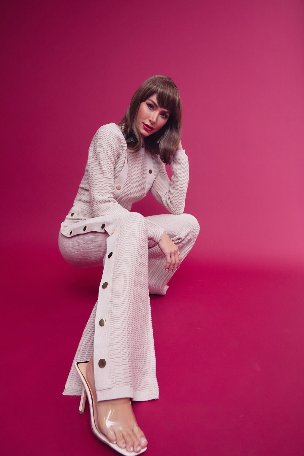 Knit Long Sleeve Top & Pants Set With Trim