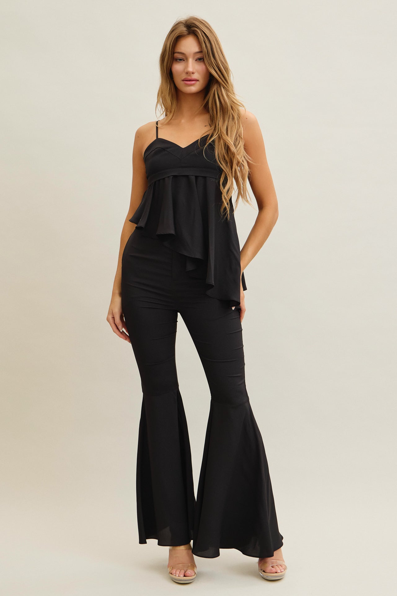 Woven Cami Top With Asymmetric Hem and Extreme Flare Pants