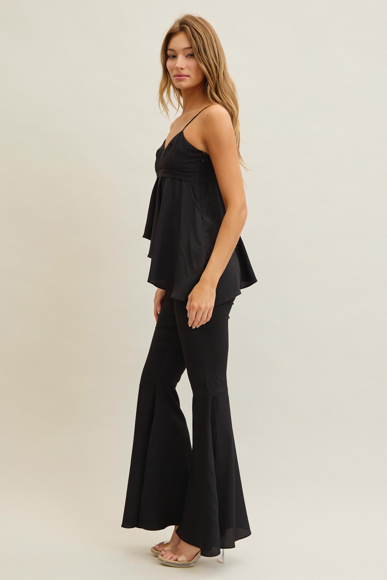 Woven Cami Top With Asymmetric Hem and Extreme Flare Pants