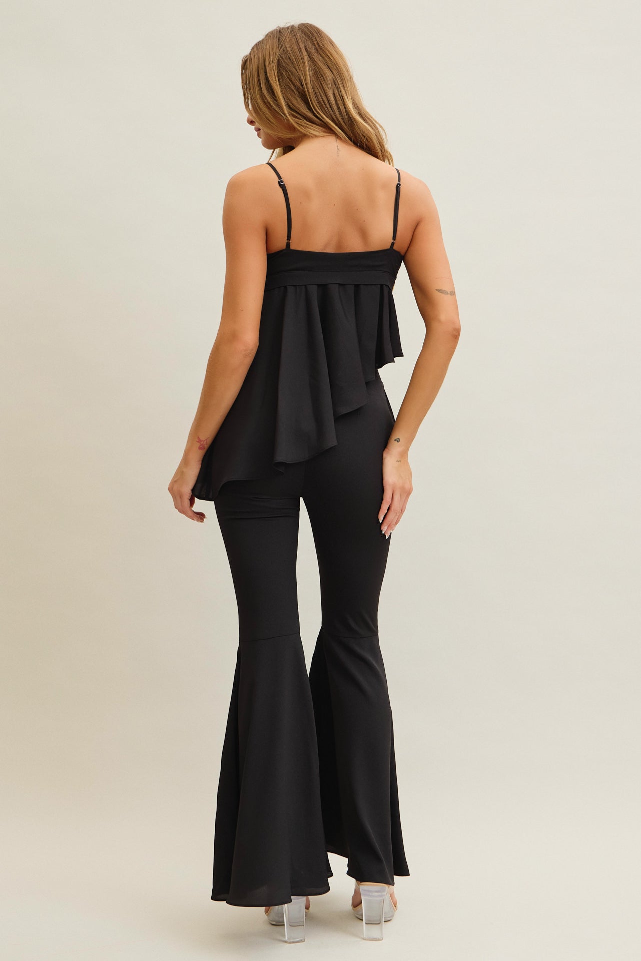 Woven Cami Top With Asymmetric Hem and Extreme Flare Pants