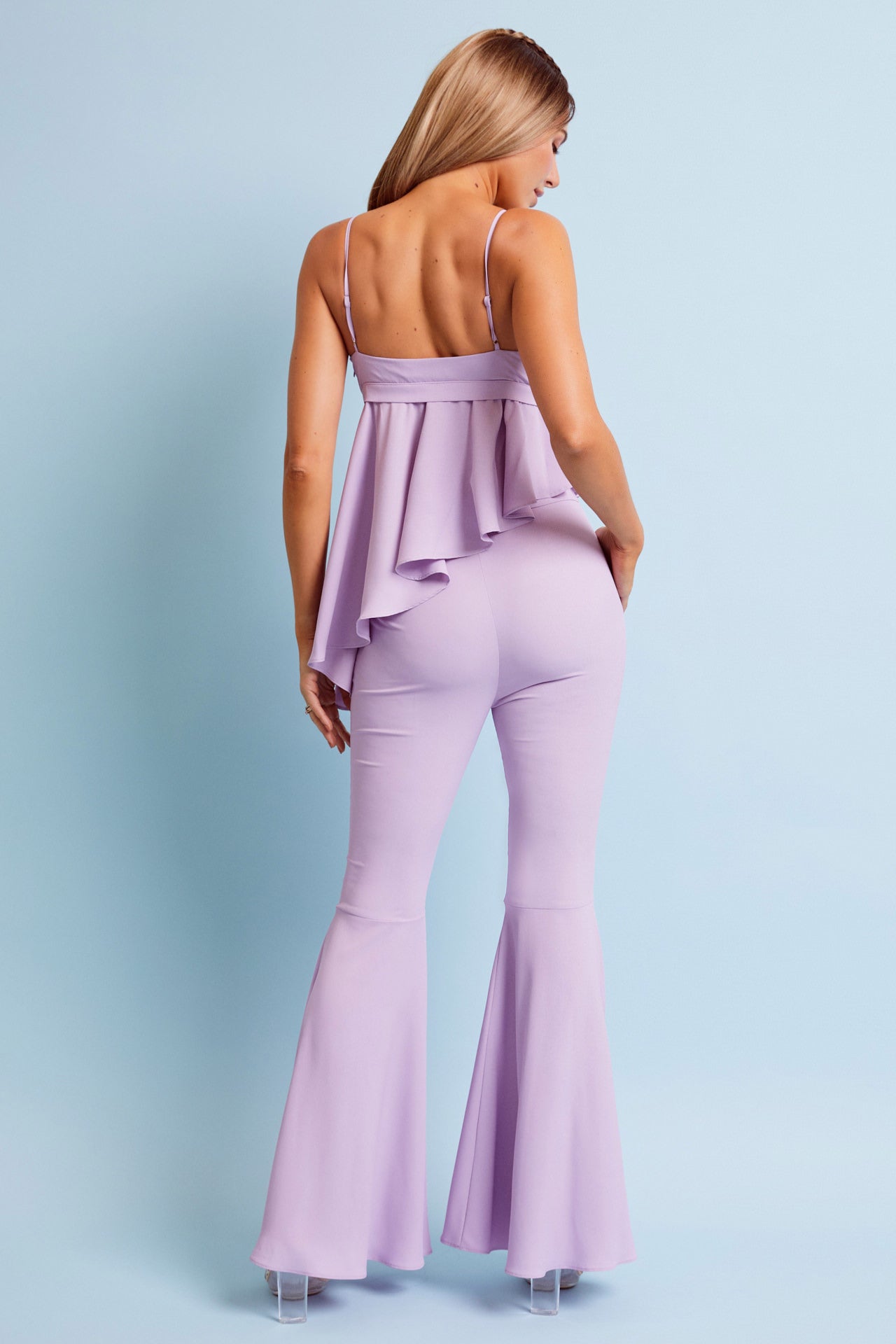 Woven Cami Top With Asymmetric Hem and Extreme Flare Pants