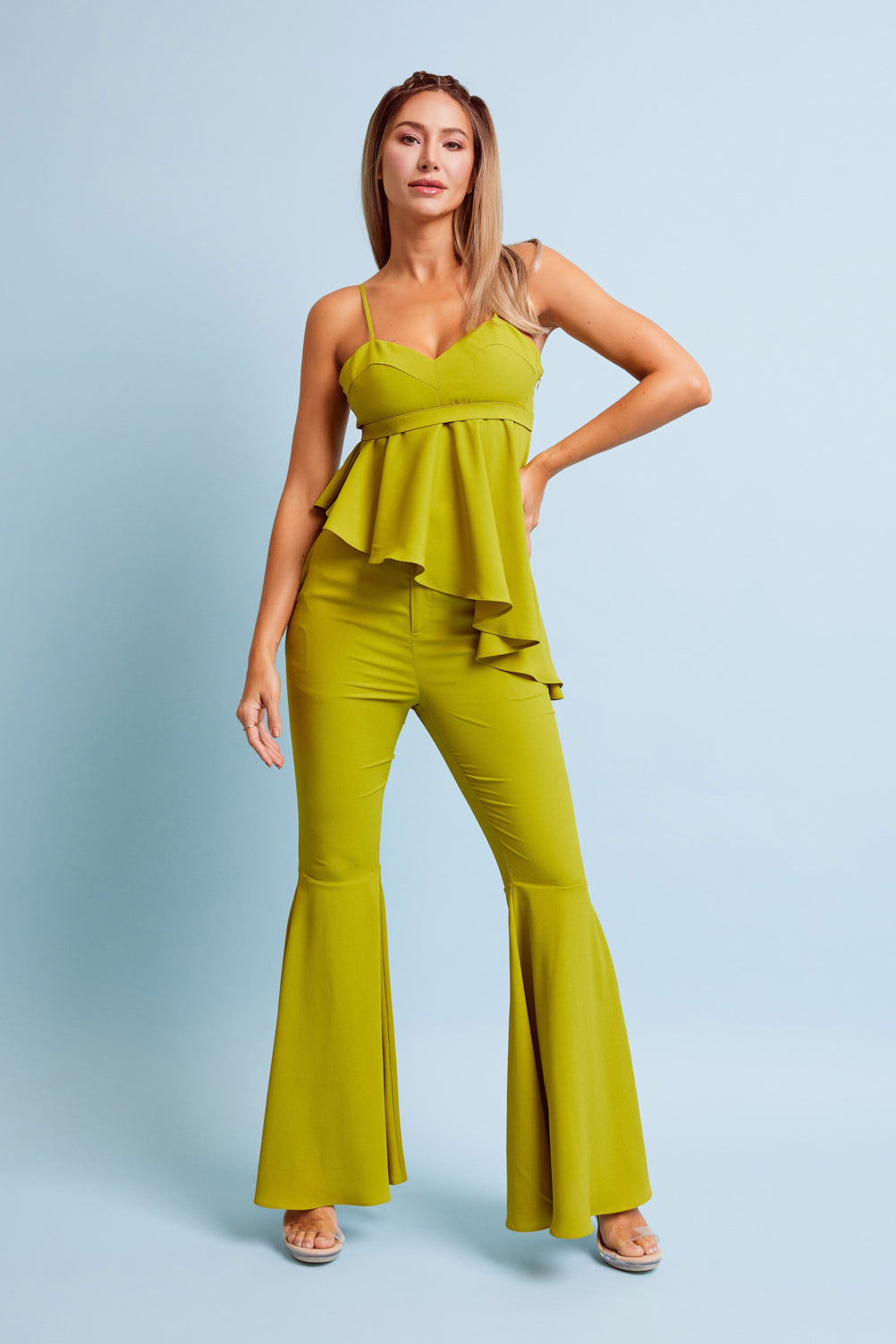 Woven Cami Top With Asymmetric Hem and Extreme Flare Pants