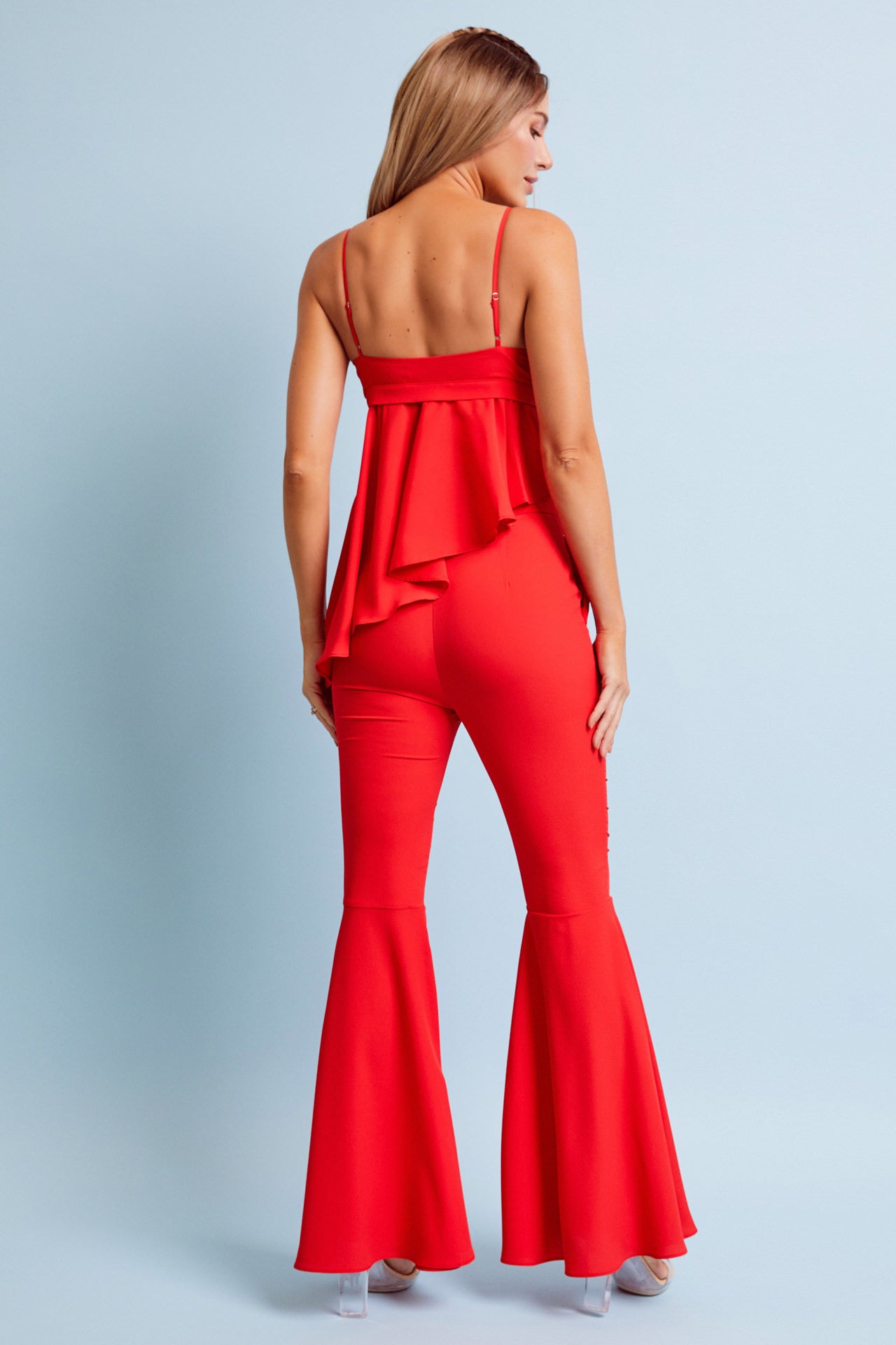 Woven Cami Top With Asymmetric Hem and Extreme Flare Pants