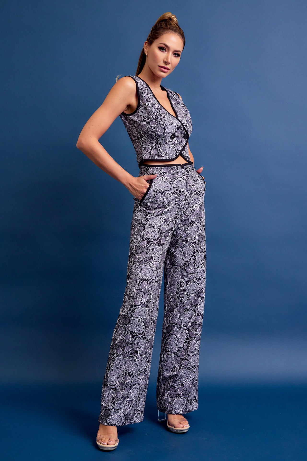 Addie Printed Vest and Pants Set with Contrast Binding