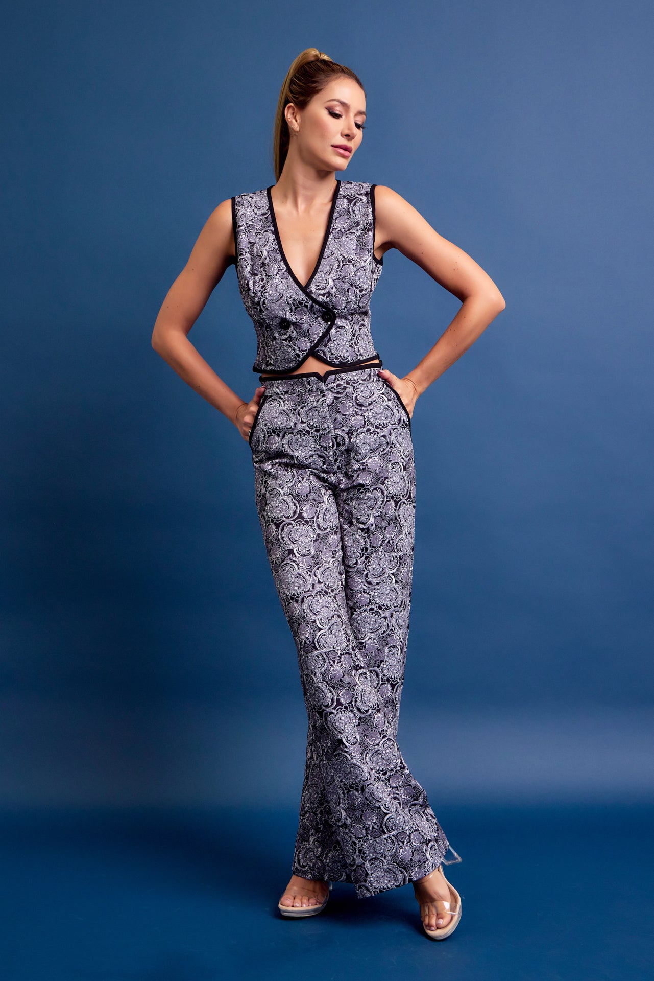 Addie Printed Vest and Pants Set with Contrast Binding