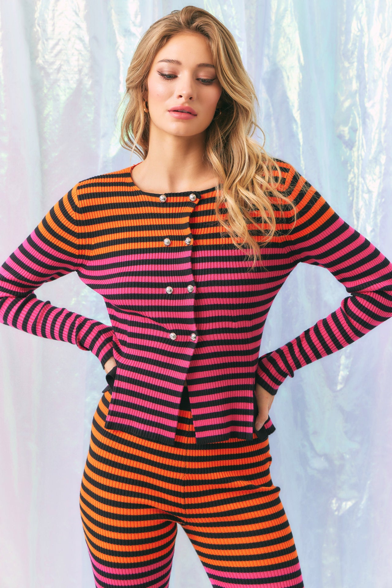 Its Giving Style Knit Stripe Jacket And Flare Pants Set