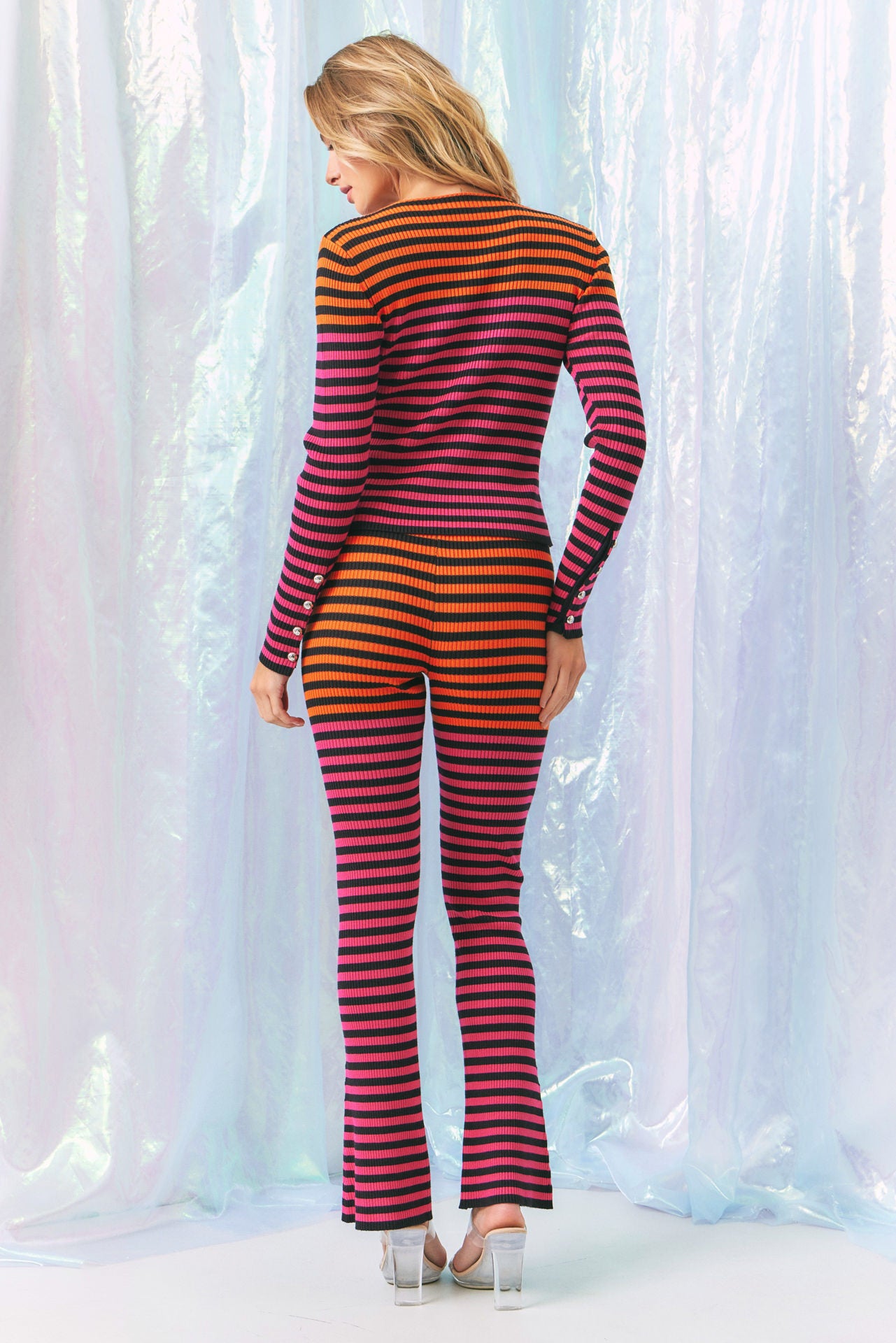 Its Giving Style Knit Stripe Jacket And Flare Pants Set