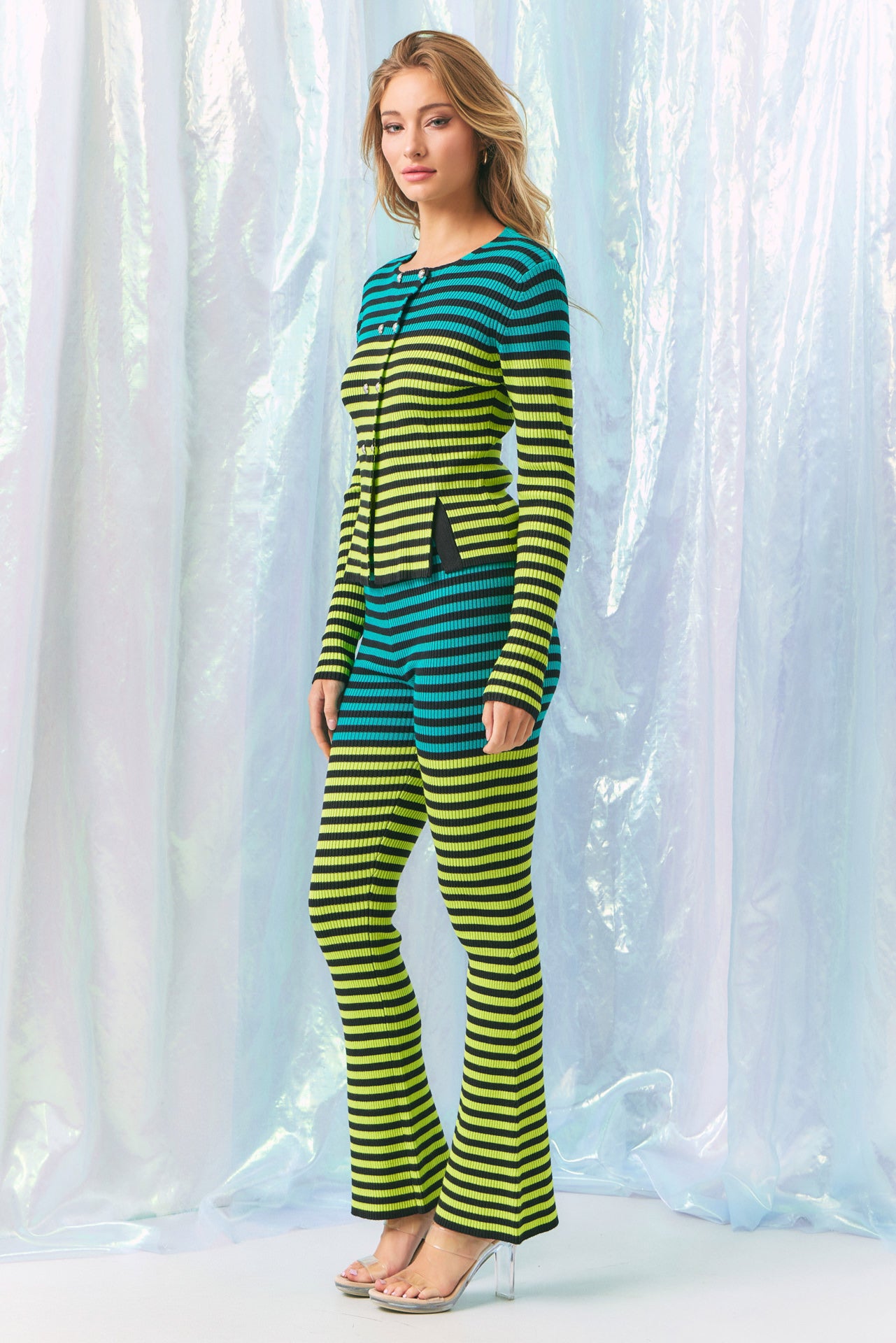 Its Giving Style Knit Stripe Jacket And Flare Pants Set