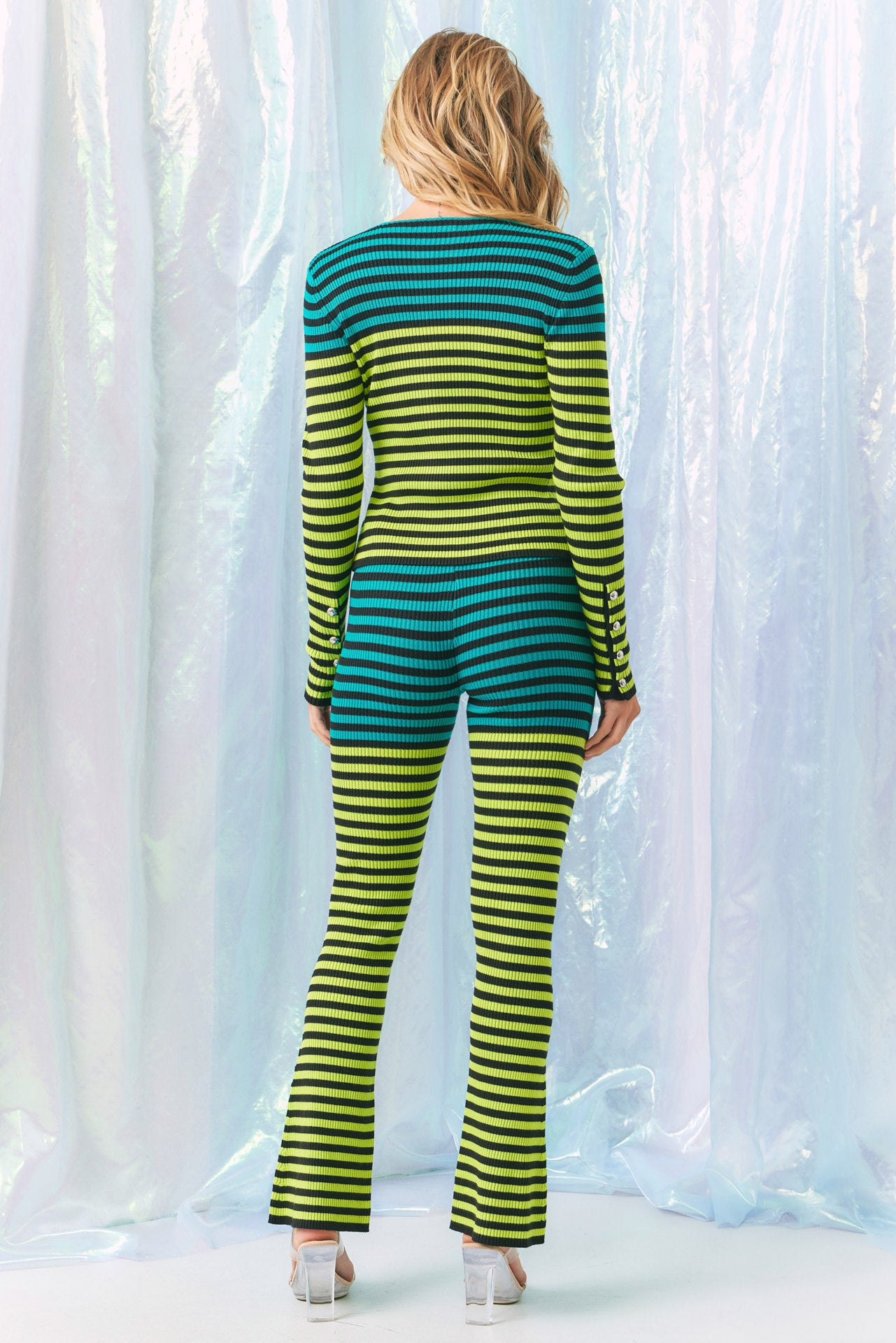 Its Giving Style Knit Stripe Jacket And Flare Pants Set