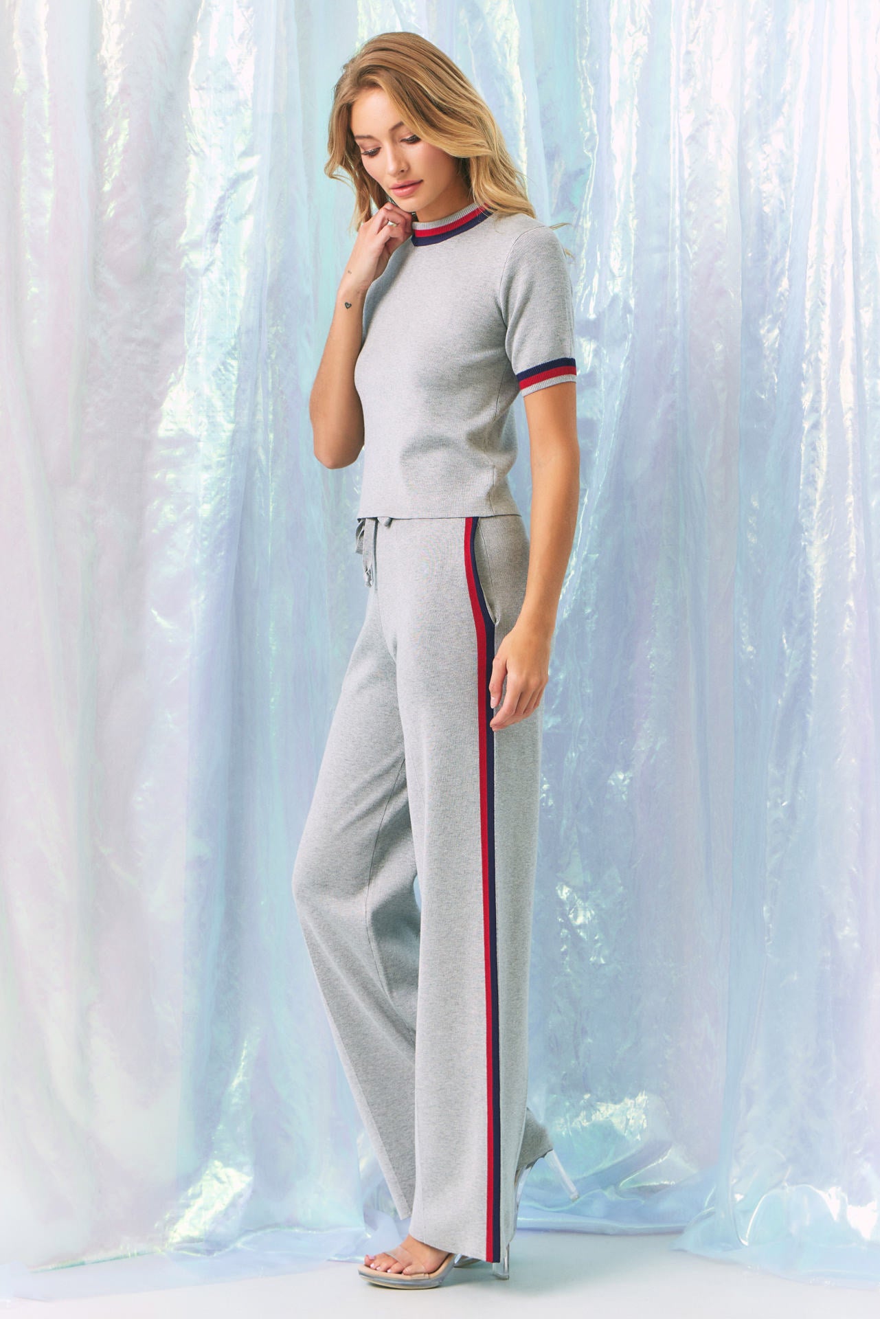 Knit Short Sleeve Top and Pants Set With Stripe Detail