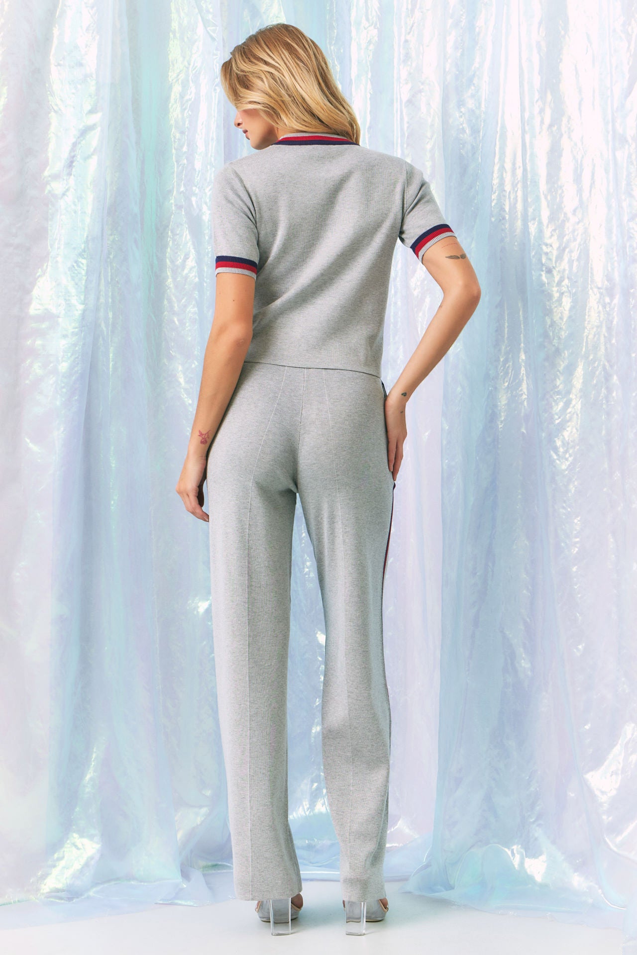 Knit Short Sleeve Top and Pants Set With Stripe Detail