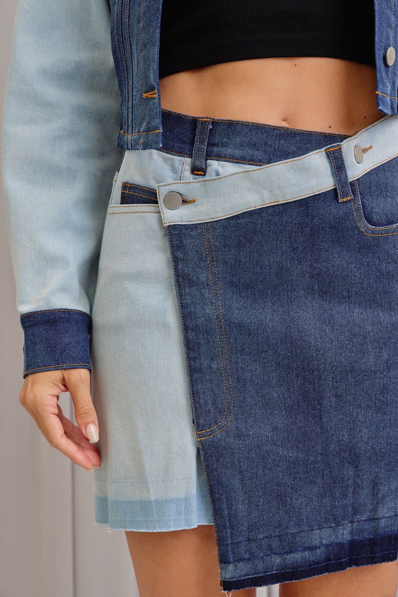 Nora Mixed Denim Cropped Jacket And Mini Skirt Set