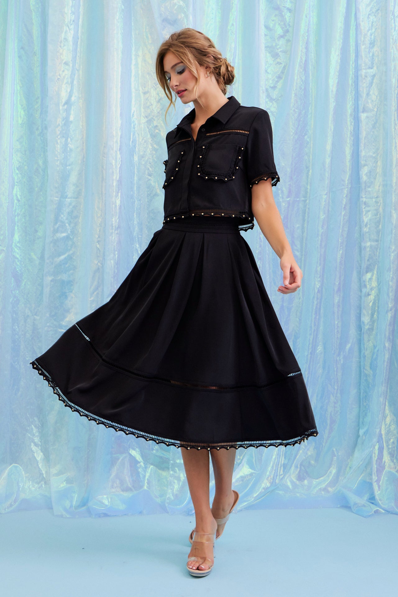 Looking for Me Woven Short Sleeve Top and Midi Skirt Set with Studded Trims