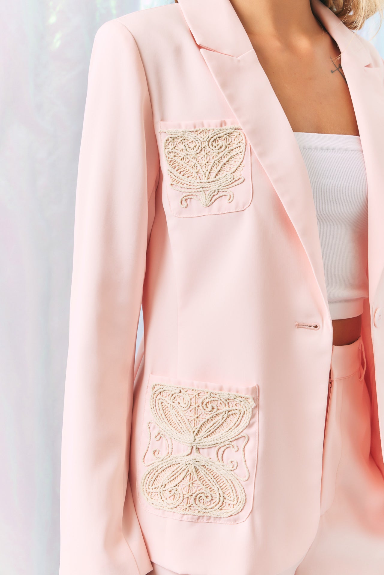 Coquette Bliss Blazer With Embroidered Patch Pocket & Shorts Set