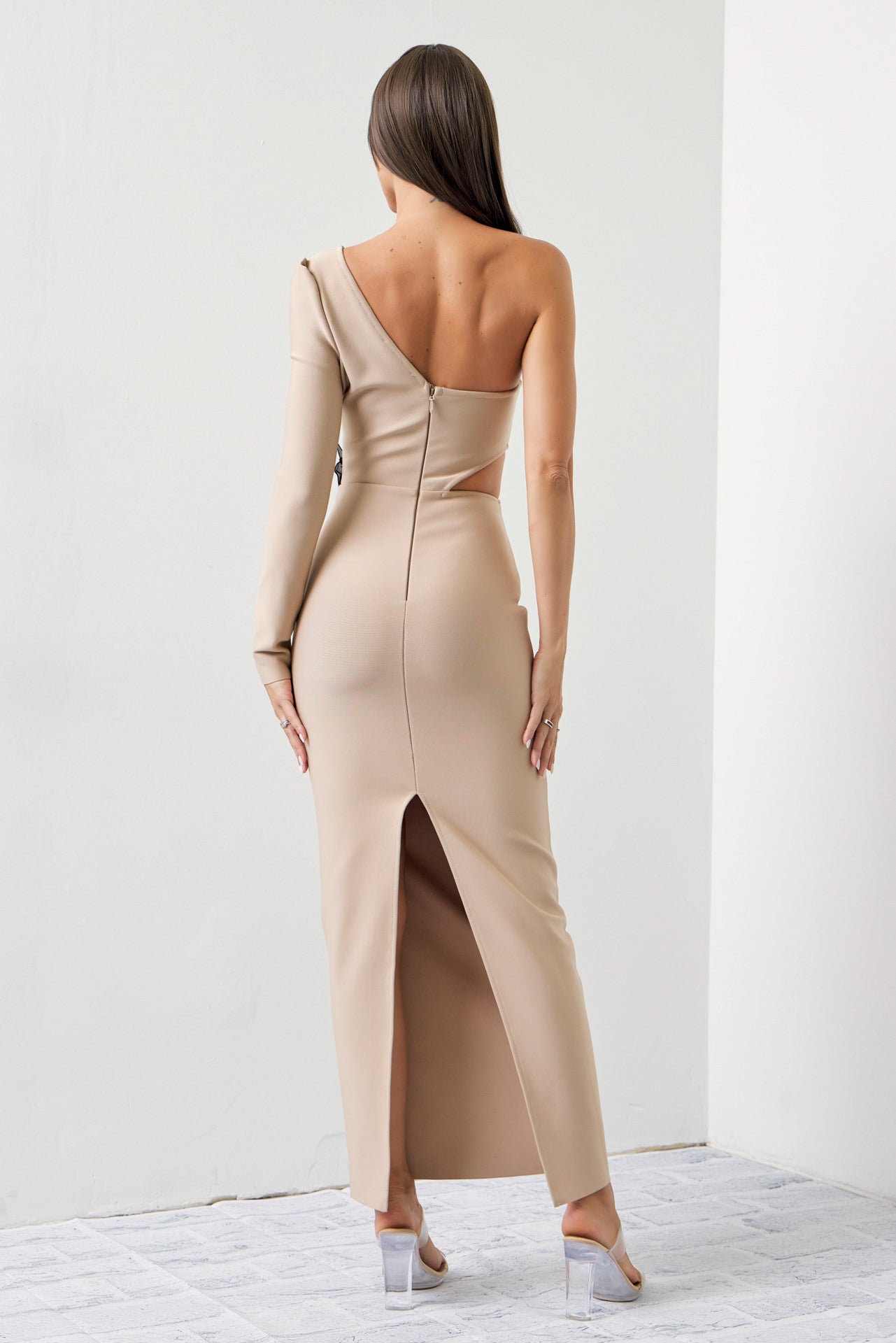 My Moment Bandage one shoulder midi dress with flower patch