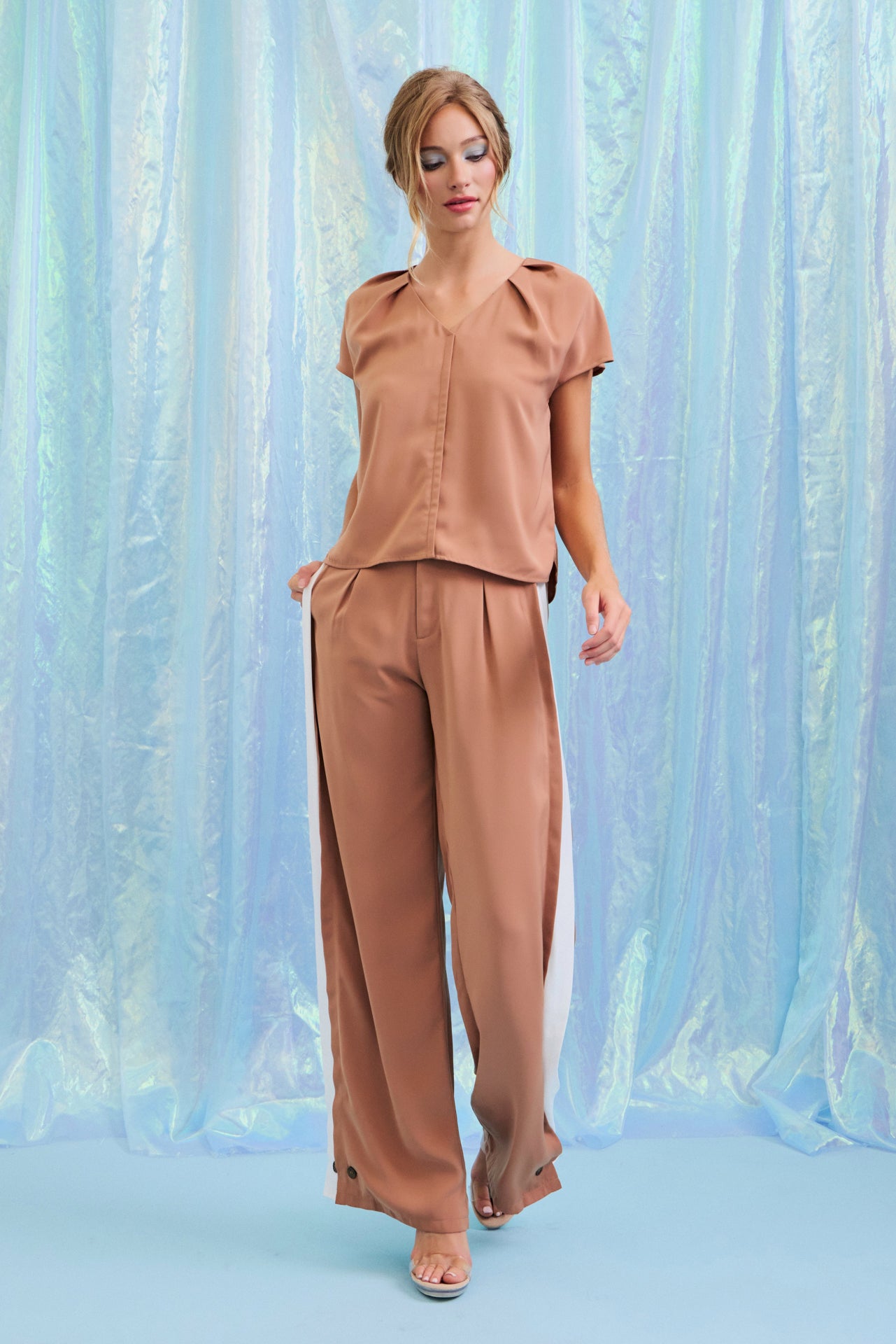 Ember Woven Pleated Short Sleeve Top and Contrast Side Panel Pants Set