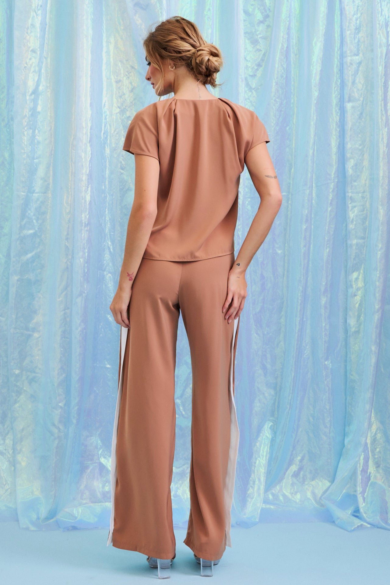 Ember Woven Pleated Short Sleeve Top and Contrast Side Panel Pants Set